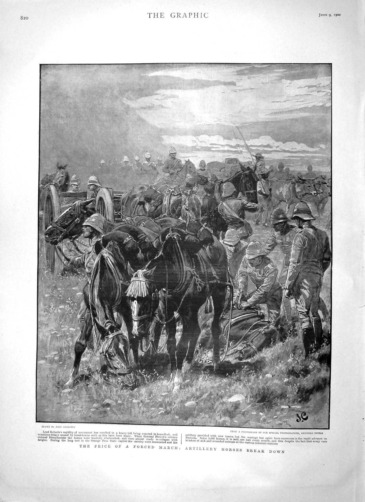 Old Antique Print 1900 Artillery Horses Lord Roberts General French War 20th
