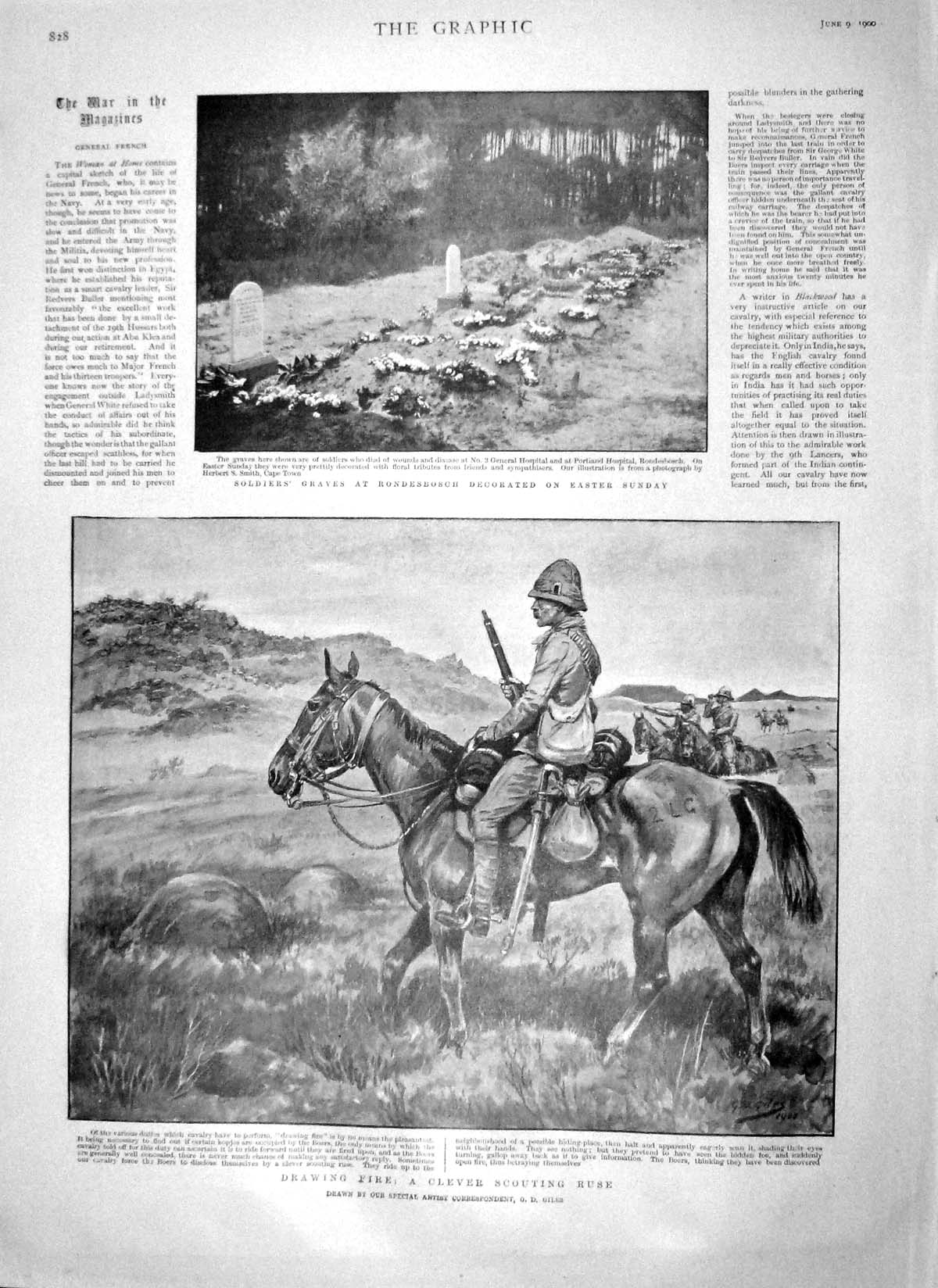 Original Old Antique Print 1900 War Sier Horse Rondesbosch Graves Dewetsdorp