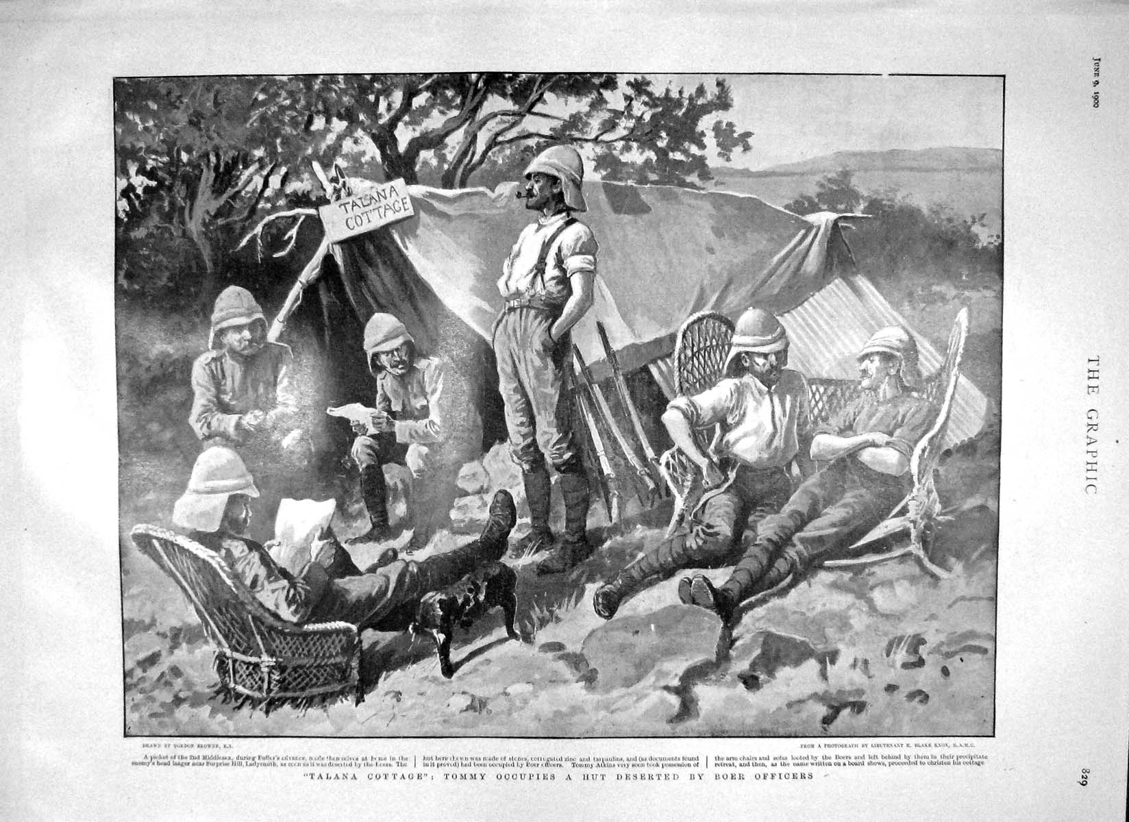Old Antique Print 1900 Talana Cottage Tommy Hut Boer Battle Rooidam Crane 20th