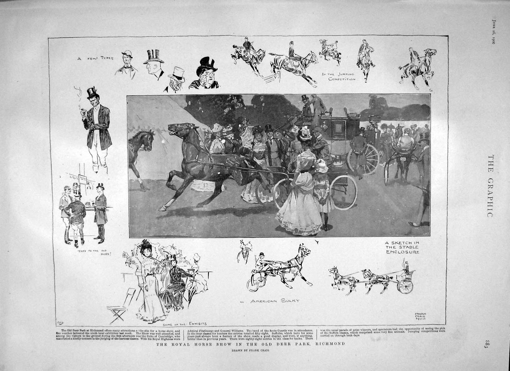 Original Old Antique Print 1900 Horse Show Deer Park Richmond Conan Doyle Fever