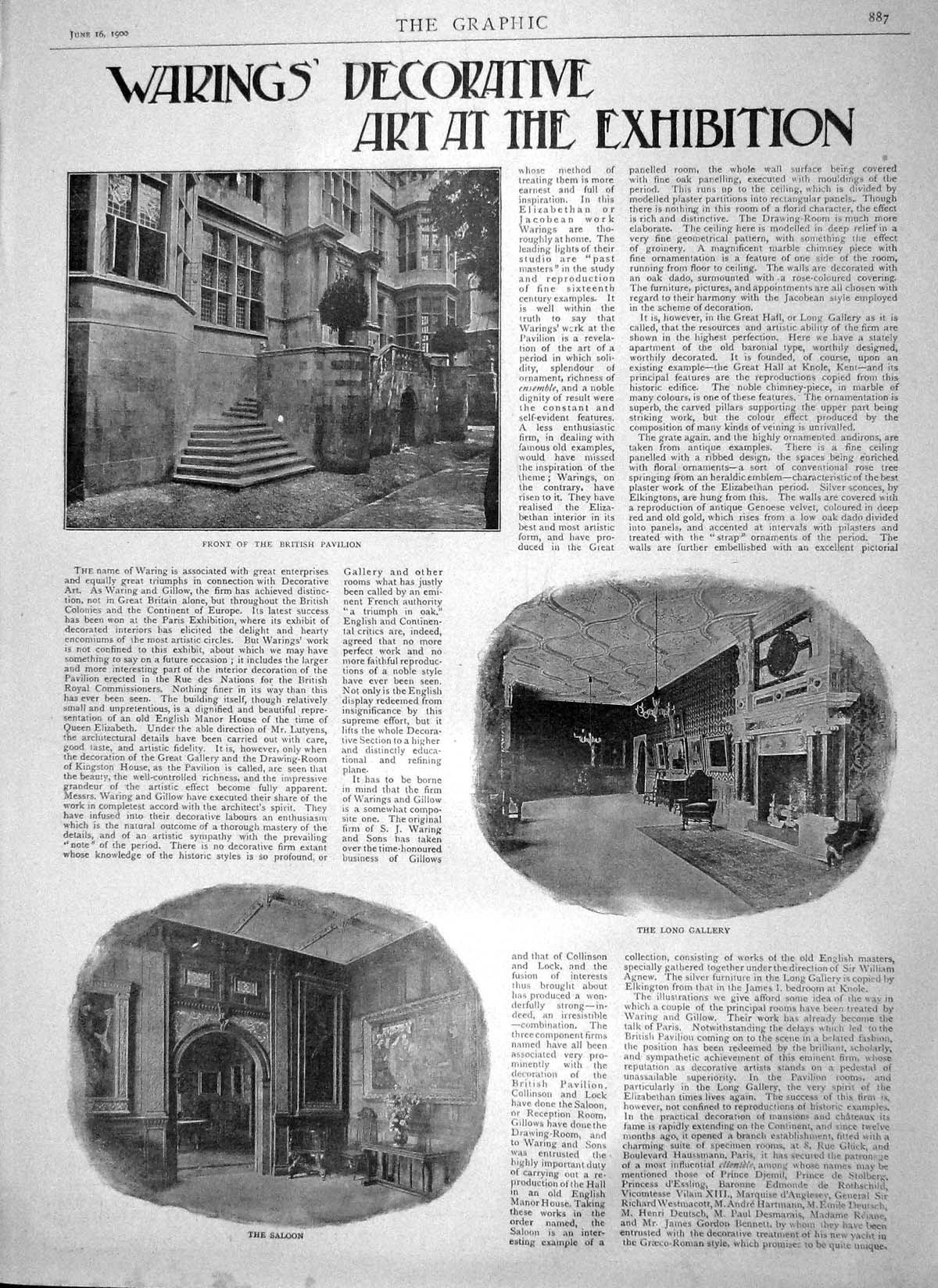 Old Antique Print 1900 Warings Decorative Art Exhibition Gallery Saloon 20th