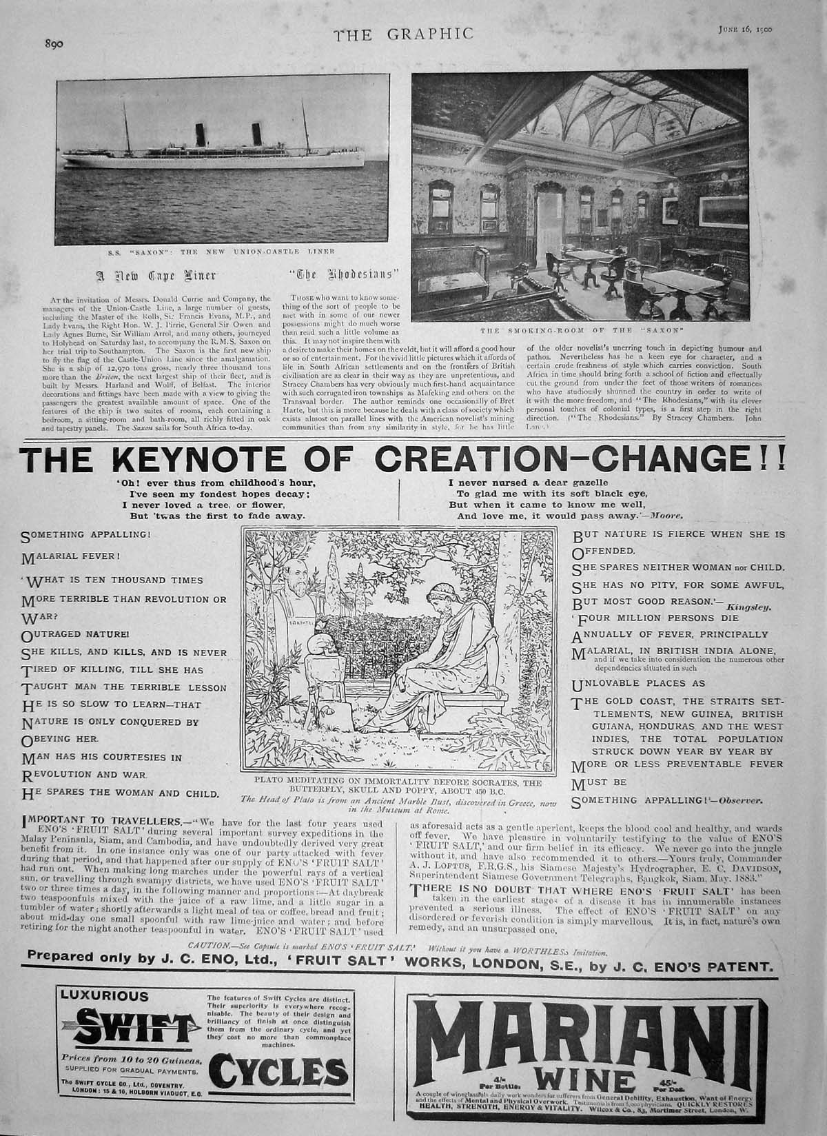 Original Old Antique Print 1900 Ship Saxon Union Castle Liner Smoking-Room Wine