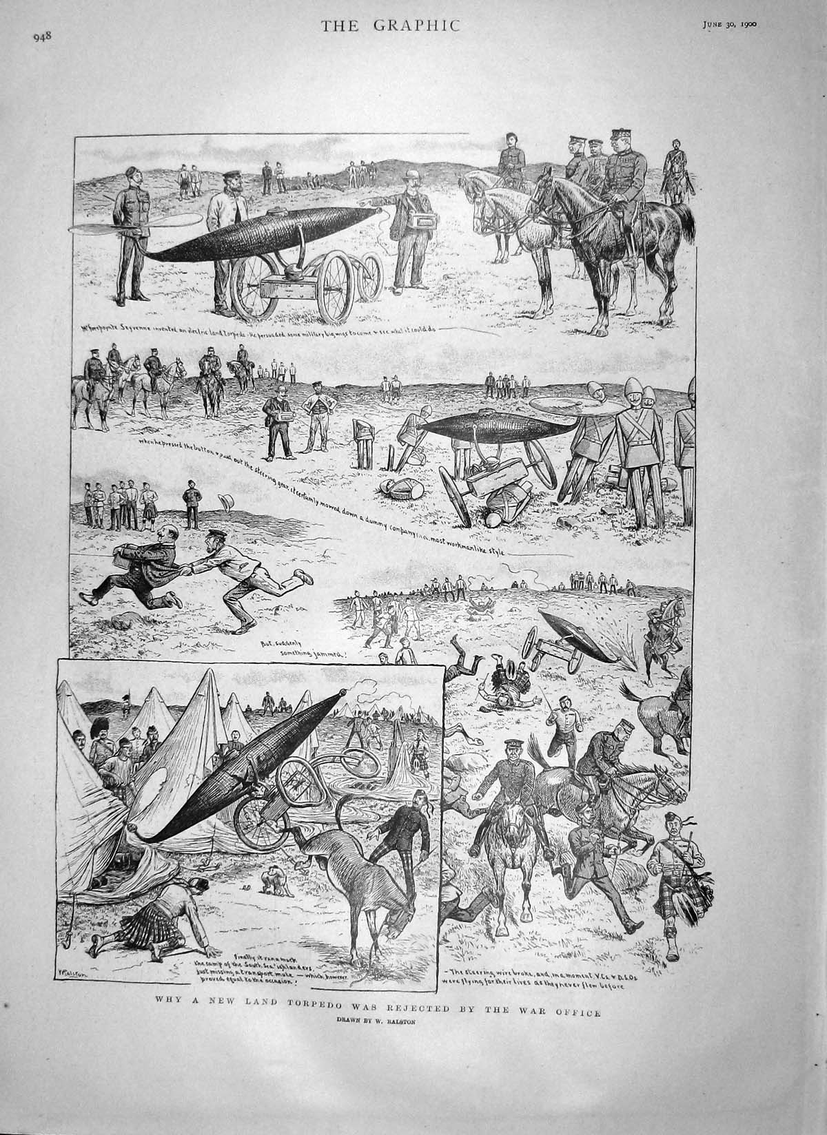 Original Old Antique Print 1900 Land Torpedo War Office Scottish Siers Comedy