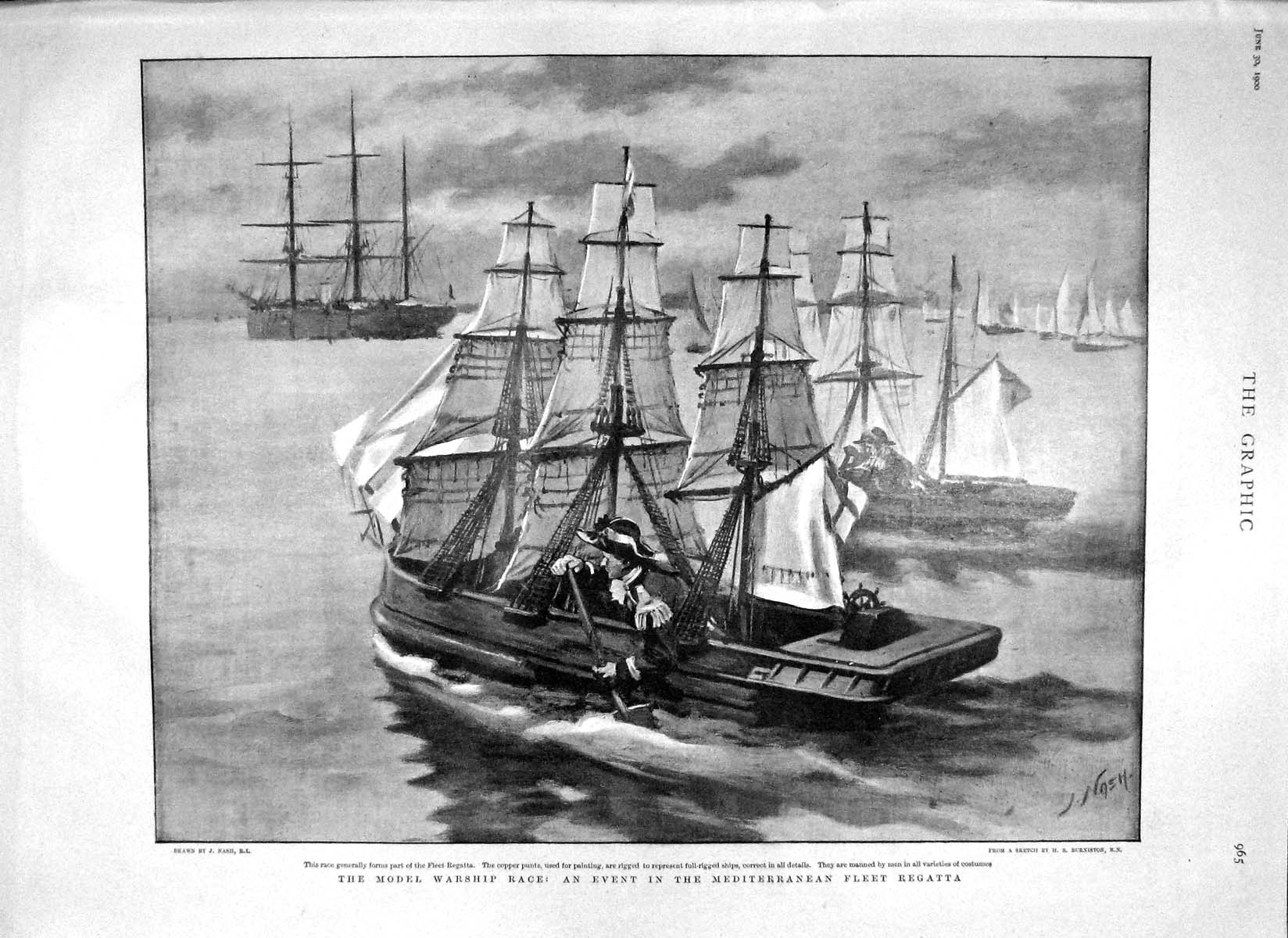Original Old Antique Print 1900 Model Warship Race Mediterranean London Railway