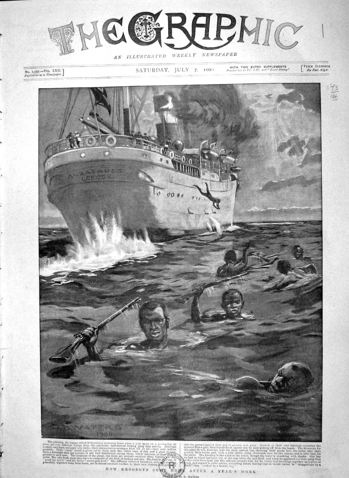 Original Old Antique Print 1900 Krooboys Swimming Sea Ship Al 20th