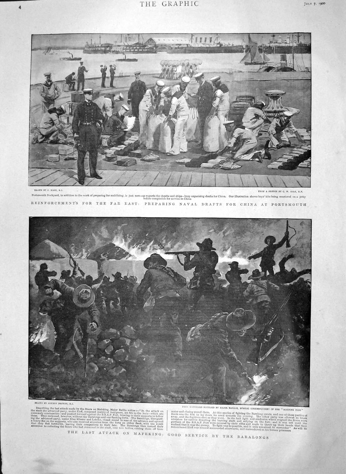 Original Old Antique Print 1900 Mafeking War Baralongs Navy Ships Portsmouth