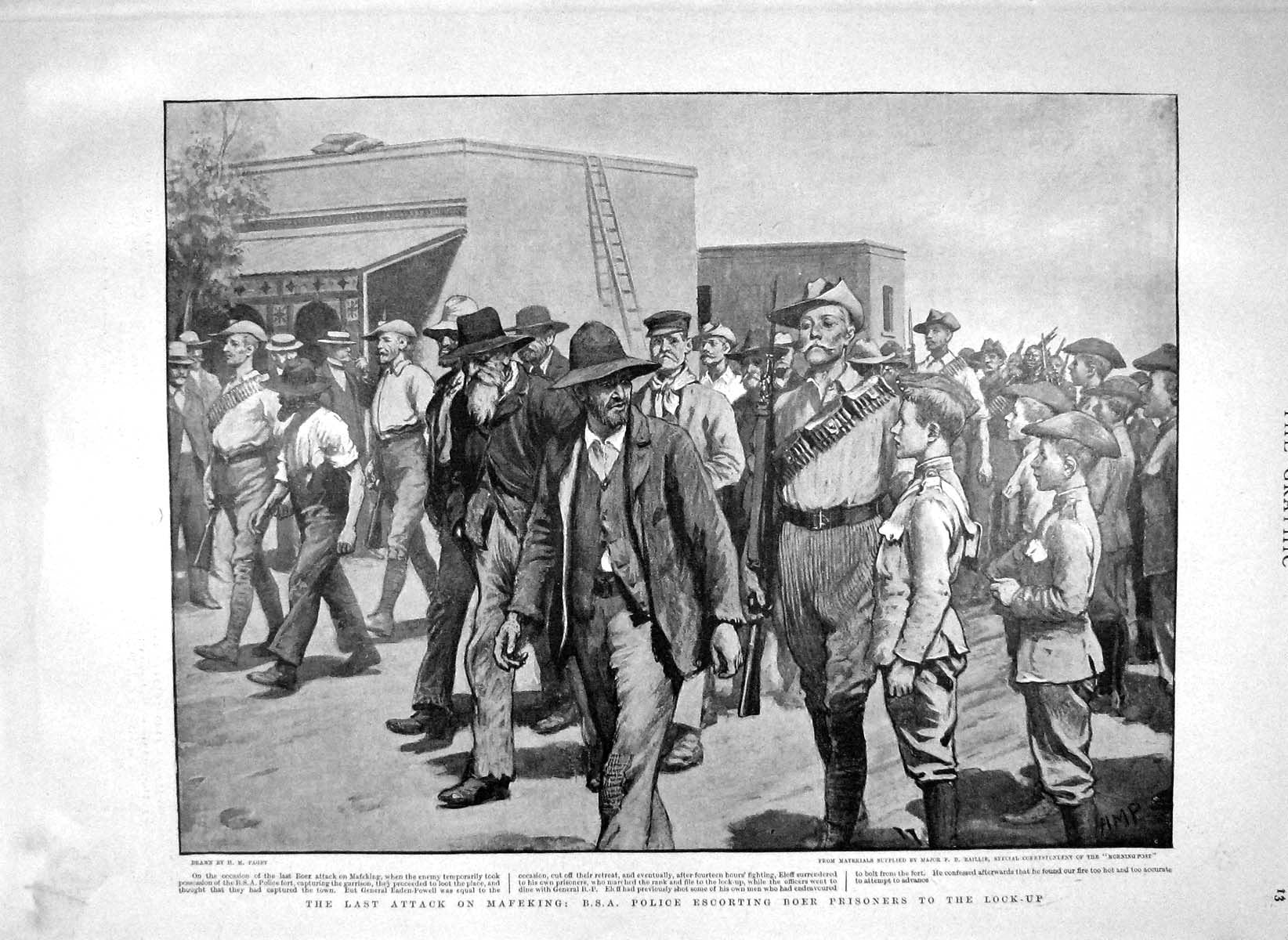 Old Antique Print 1900 Boer Attack Mafeking B.S.A. Police Prisoners War 20th