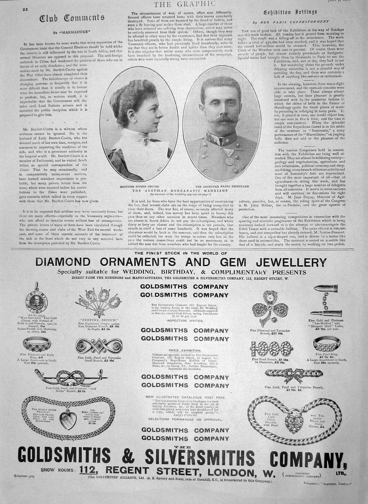 Original Old Antique Print 1900 Countess Sophie Chotek Archduke Franz Ferdinand