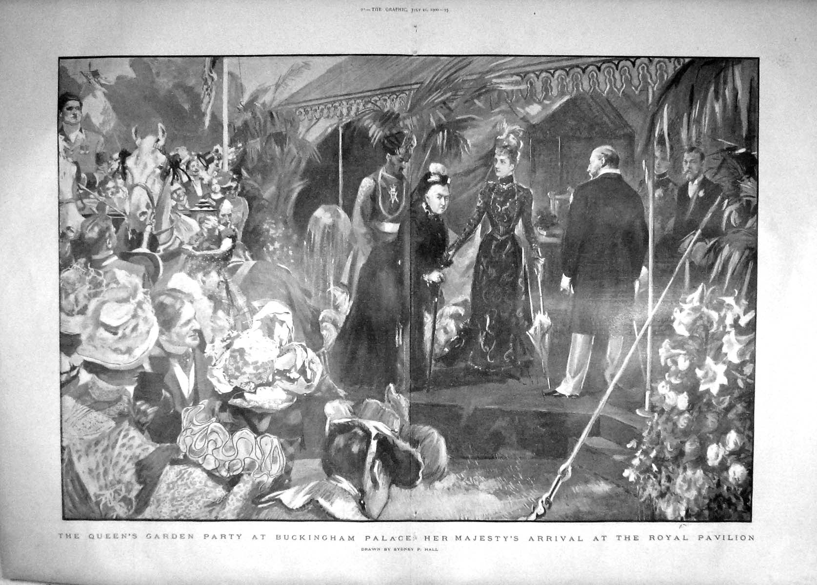 Original Old Antique Print 1900 Queen Garden Party Buckingham Palace Pavilion 0
