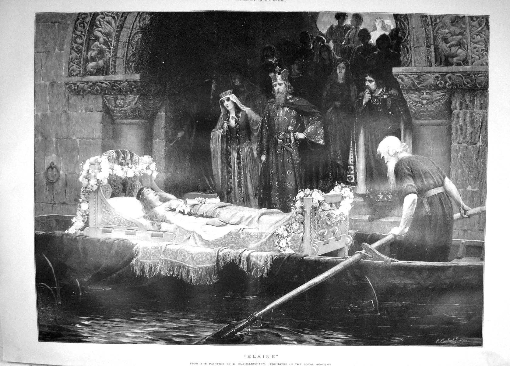 Original Old Antique Print 1900 Body Lying-In-State Elaine River Boat Fine Art