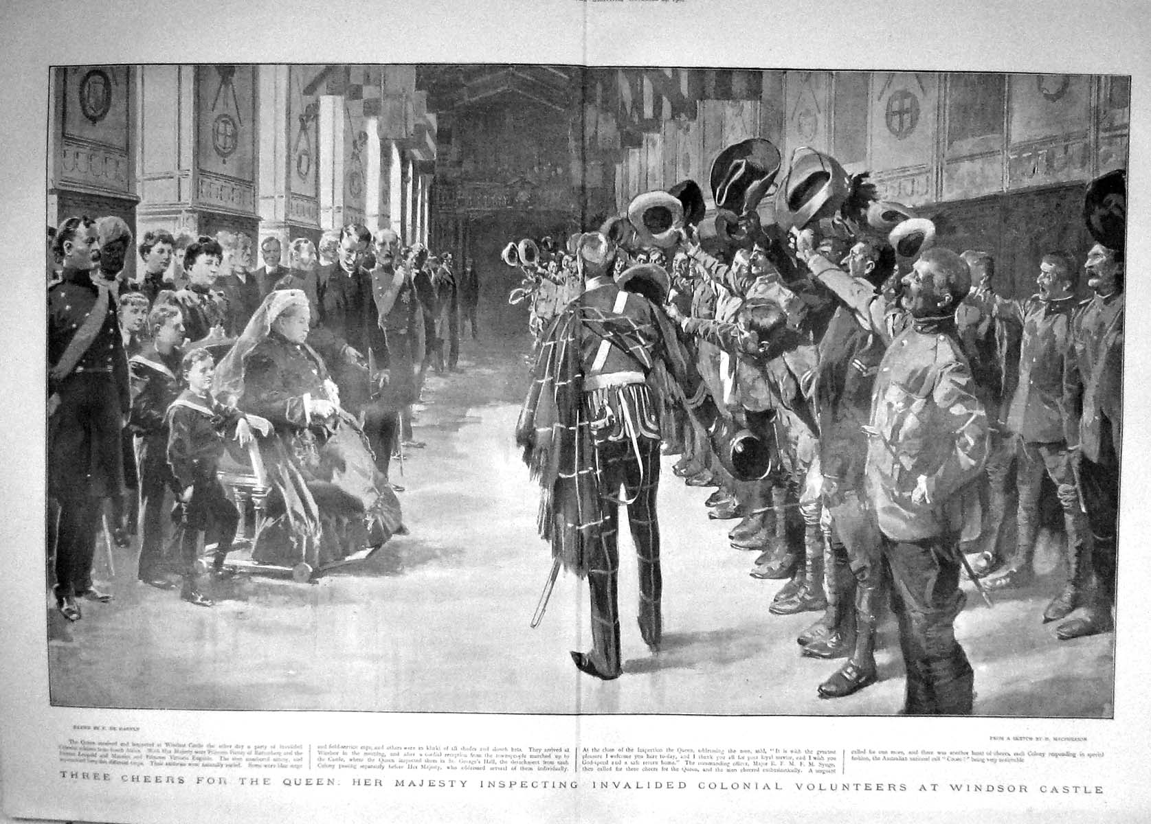 Original Old Antique Print 1900 Queen Invalid Colonial Volunteers Windsor 20th