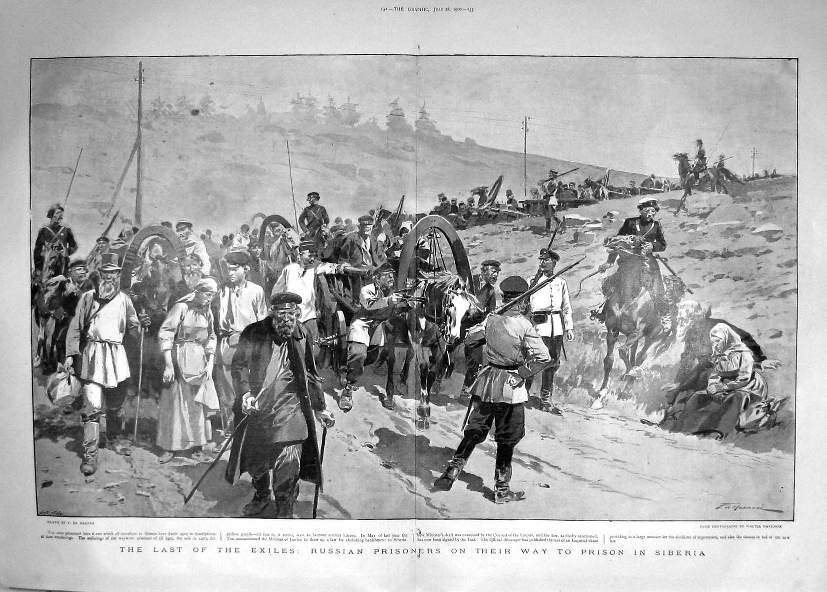 Original Old Antique Print 1900 Russian Prisoners Prison Siberia Tsar Horses
