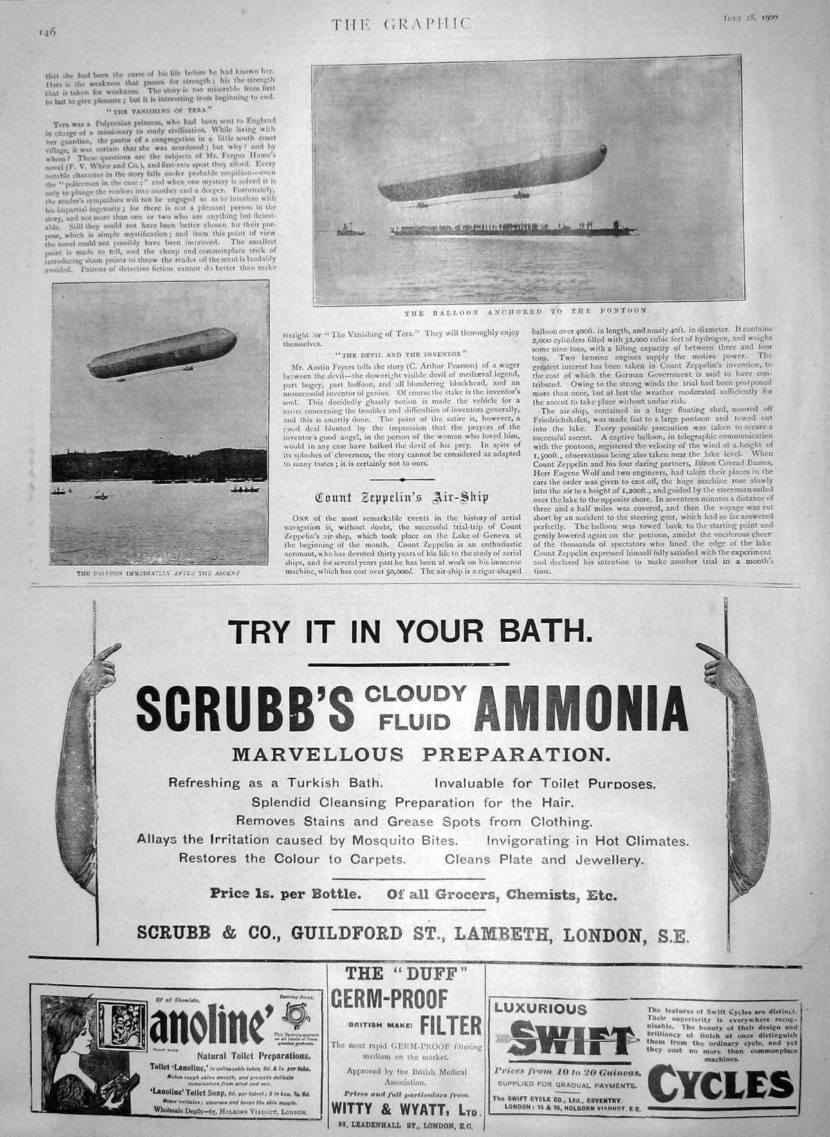 Old Antique Print 1900 Balloon Pontoon Zeppelin Air-Ship Scrubb Ammonia 20th