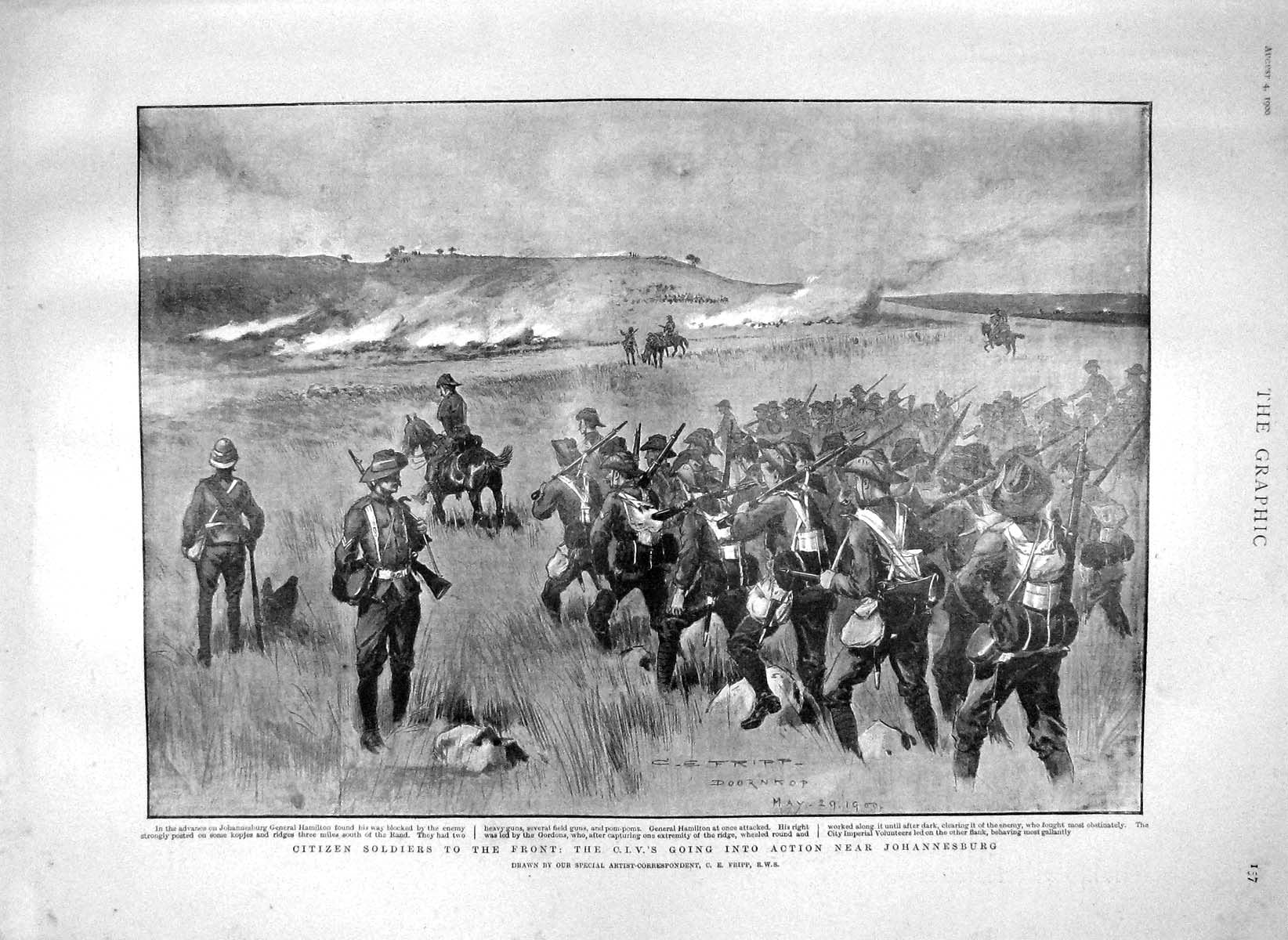 Original Old Antique Print 1900 Citizen Siers War C.I.V. Johannesburg Churchill