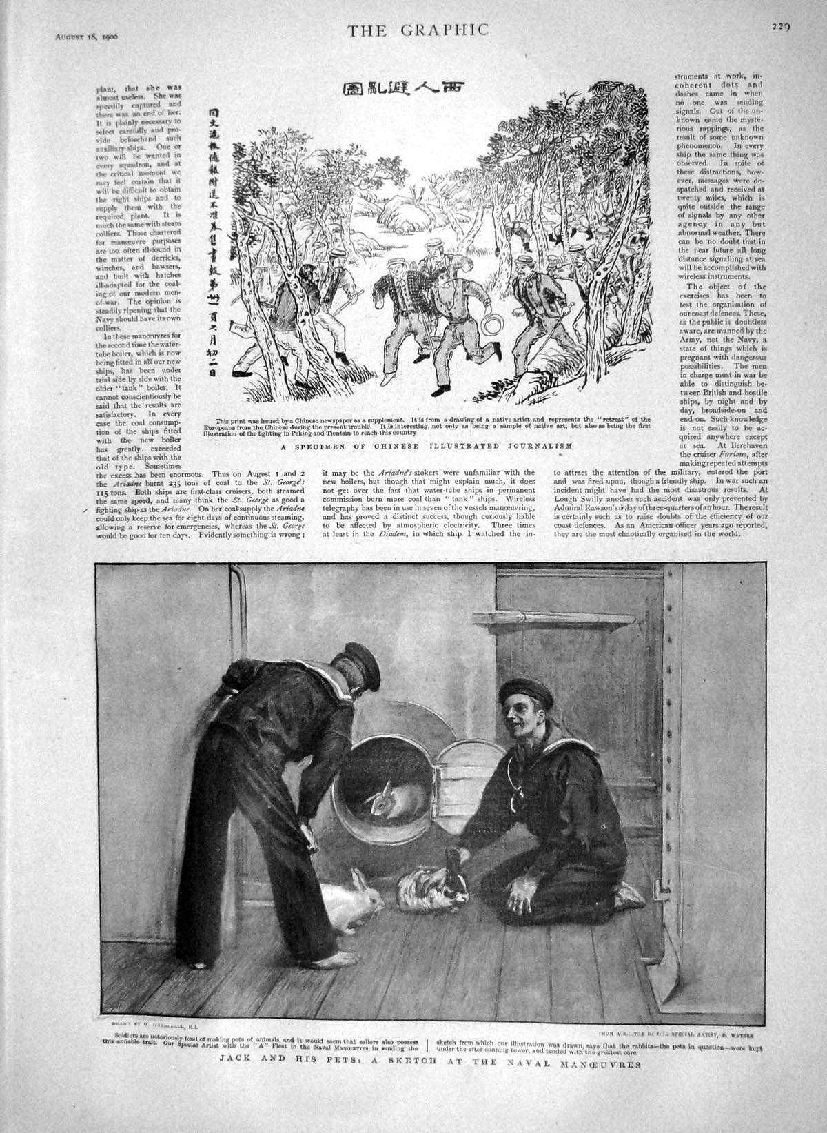 Original Old Antique Print 1900 Siers Jack Pet Rabbits Navy Ship Chines 20th