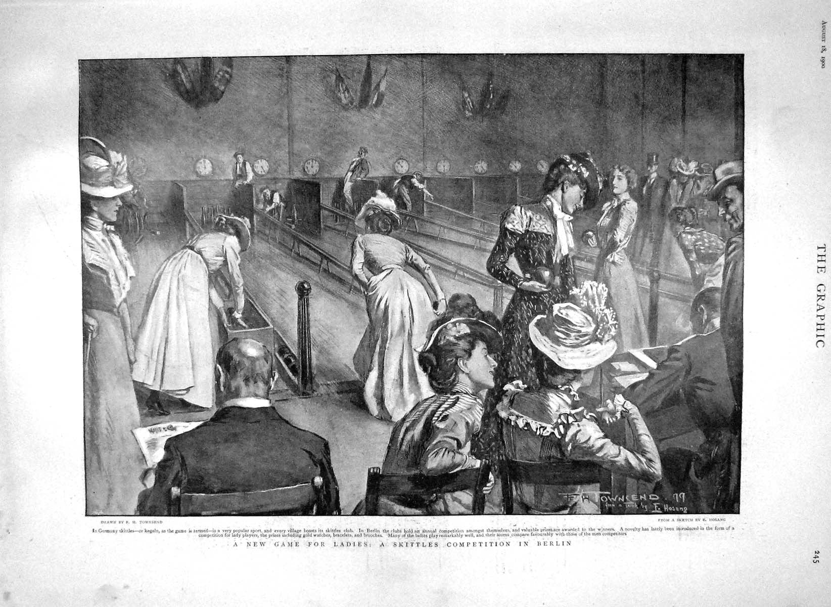 Old Antique Print 1900 Skittles Competition Berlin Germany Ladies Sport 20th