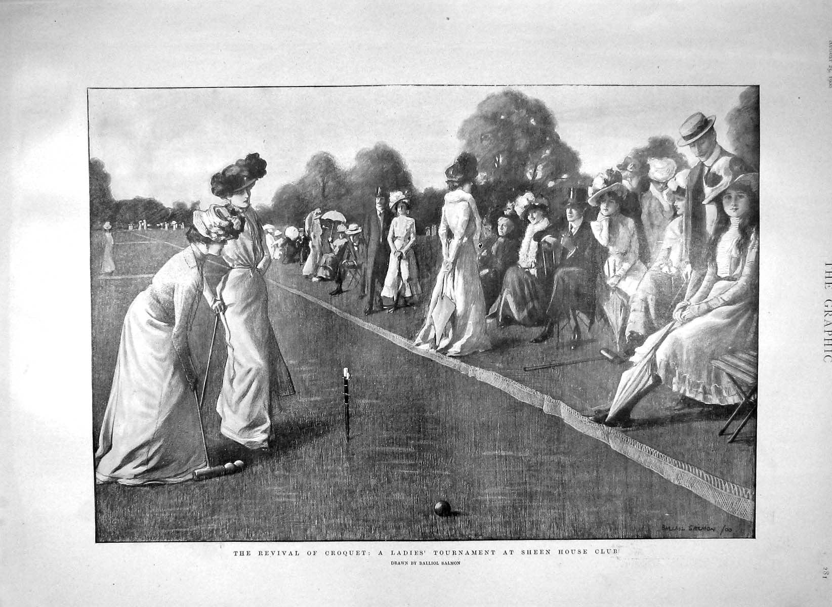 Old Antique Print 1900 Croquet Ladies Sport Sheen Club Quirinal Railway 20th