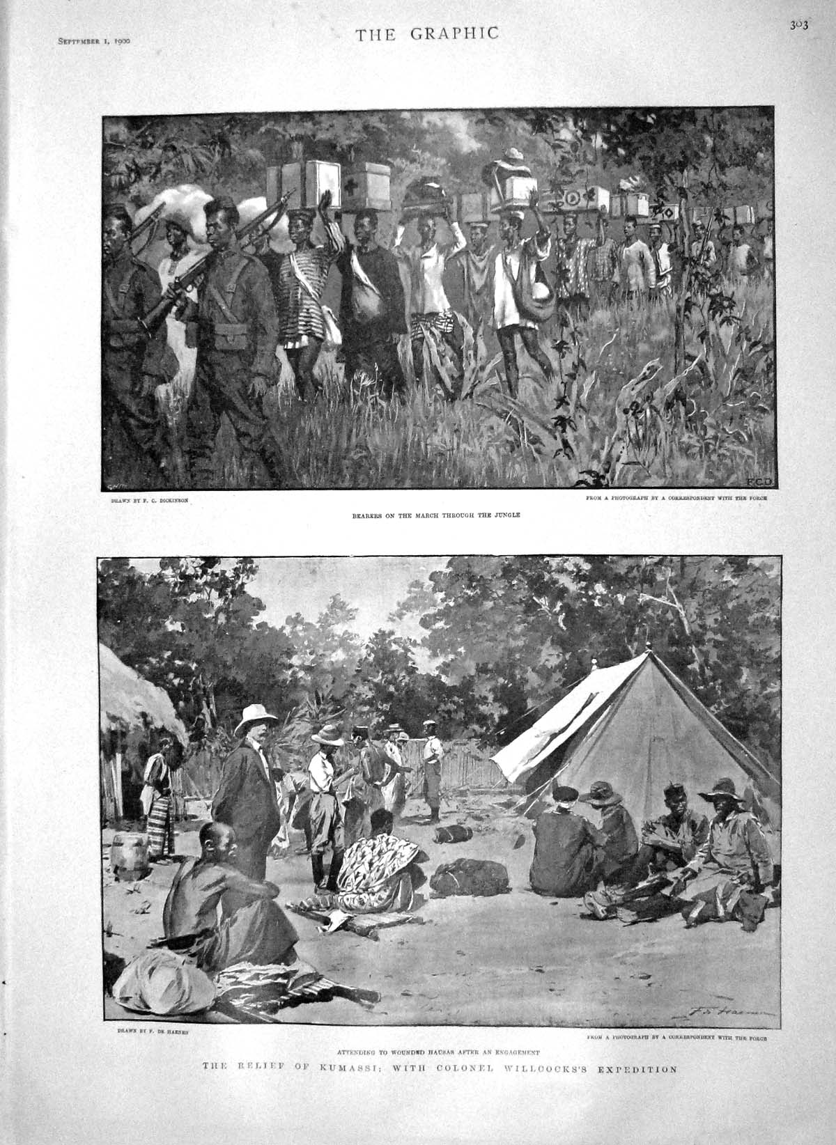 Original Old Antique Print 1900 War Kumassi Colonel Willcock Hausas Jungle Camp