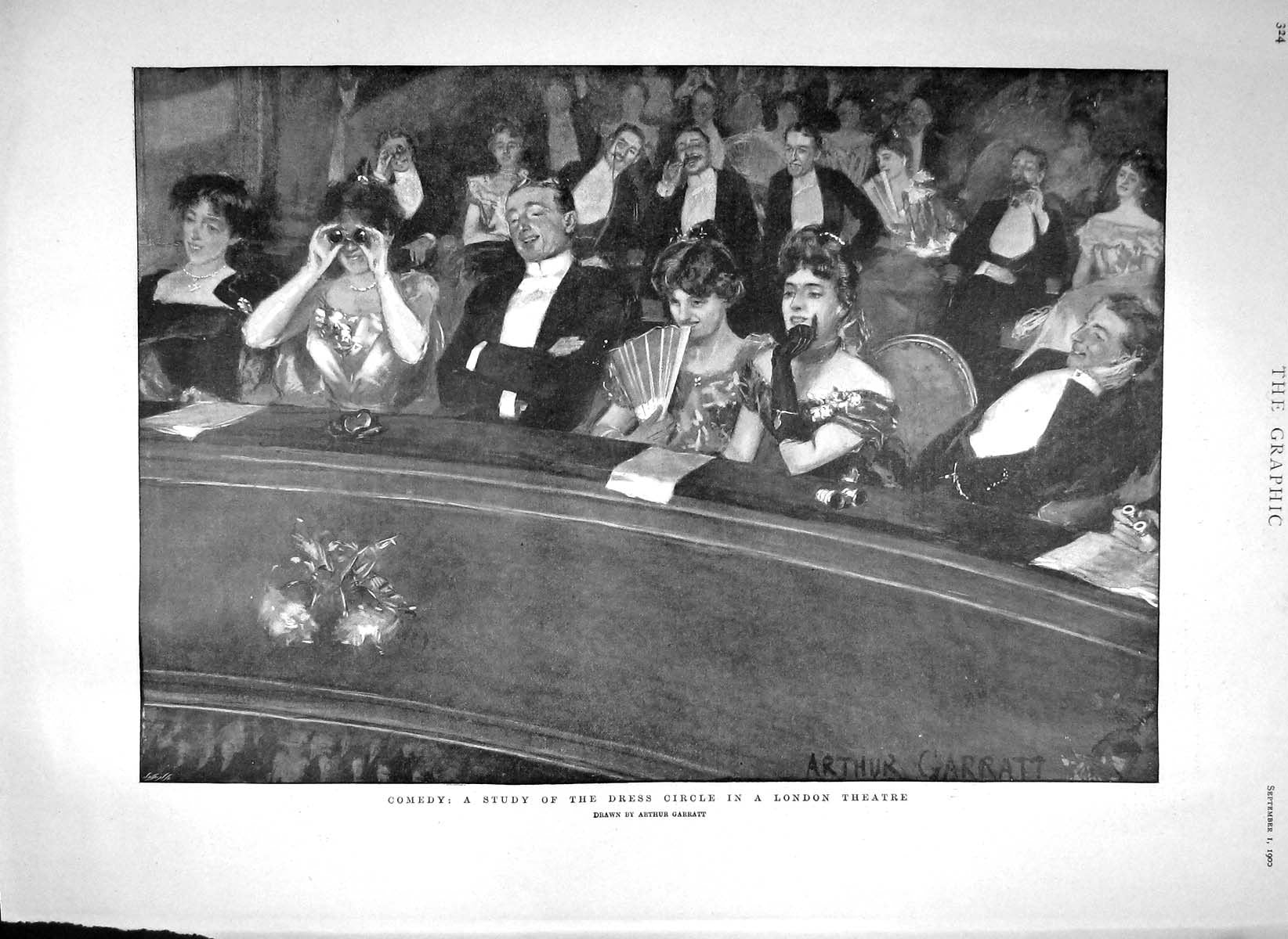 Original Old Antique Print 1900 Comedy Study Dress Circle London Theatre Box