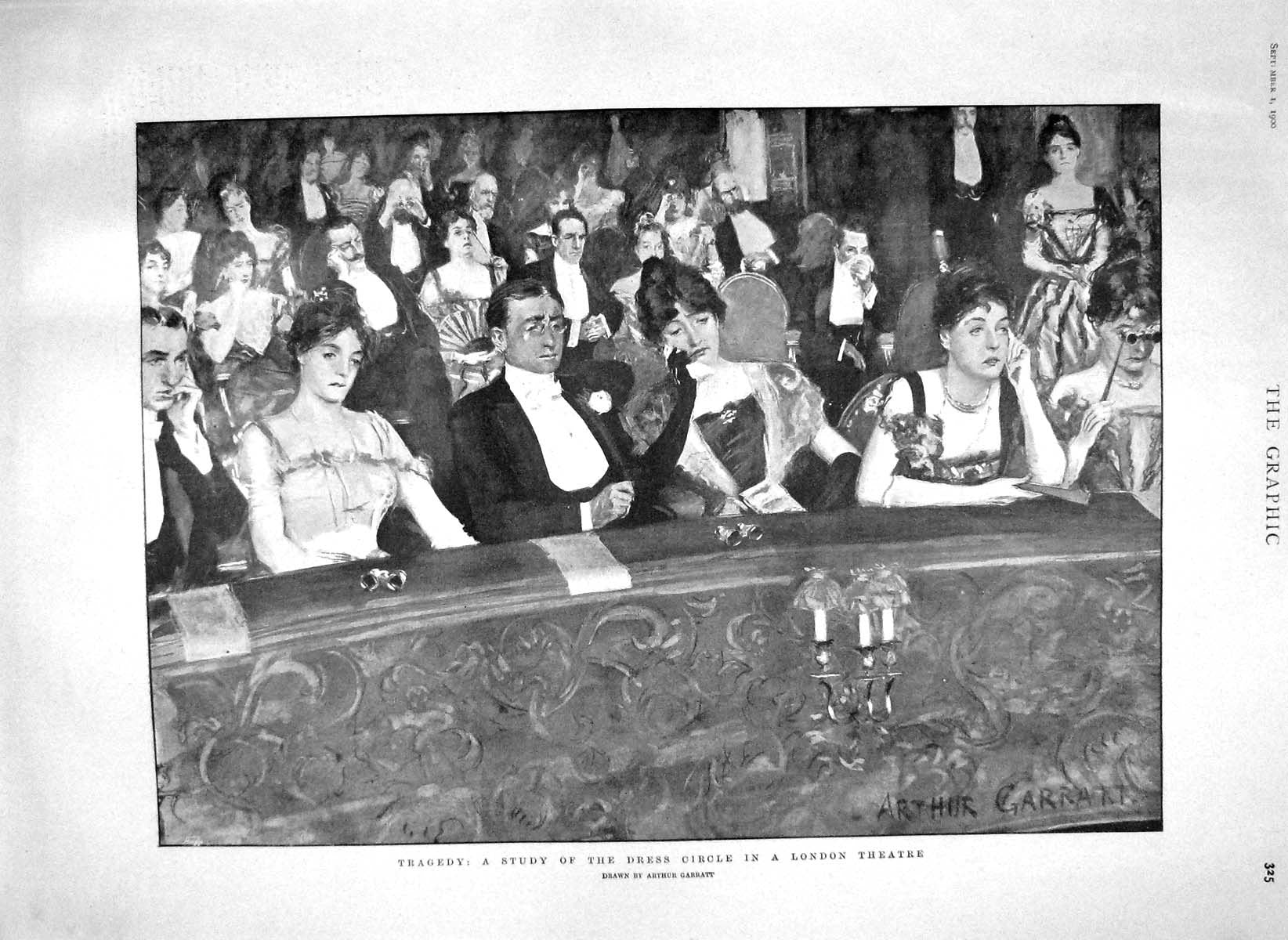 Original Old Antique Print 1900 Study Dress Circle London Theatre Box A 20th