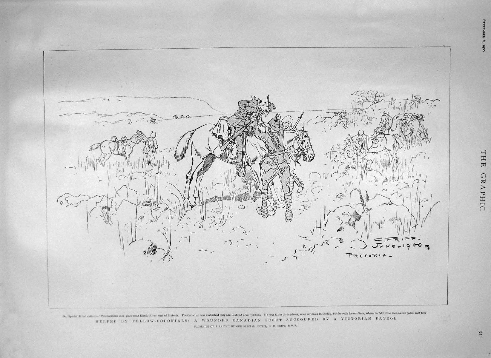 Original Old Antique Print 1900 Wounded Canadian Scout Patrol Elands War 20th