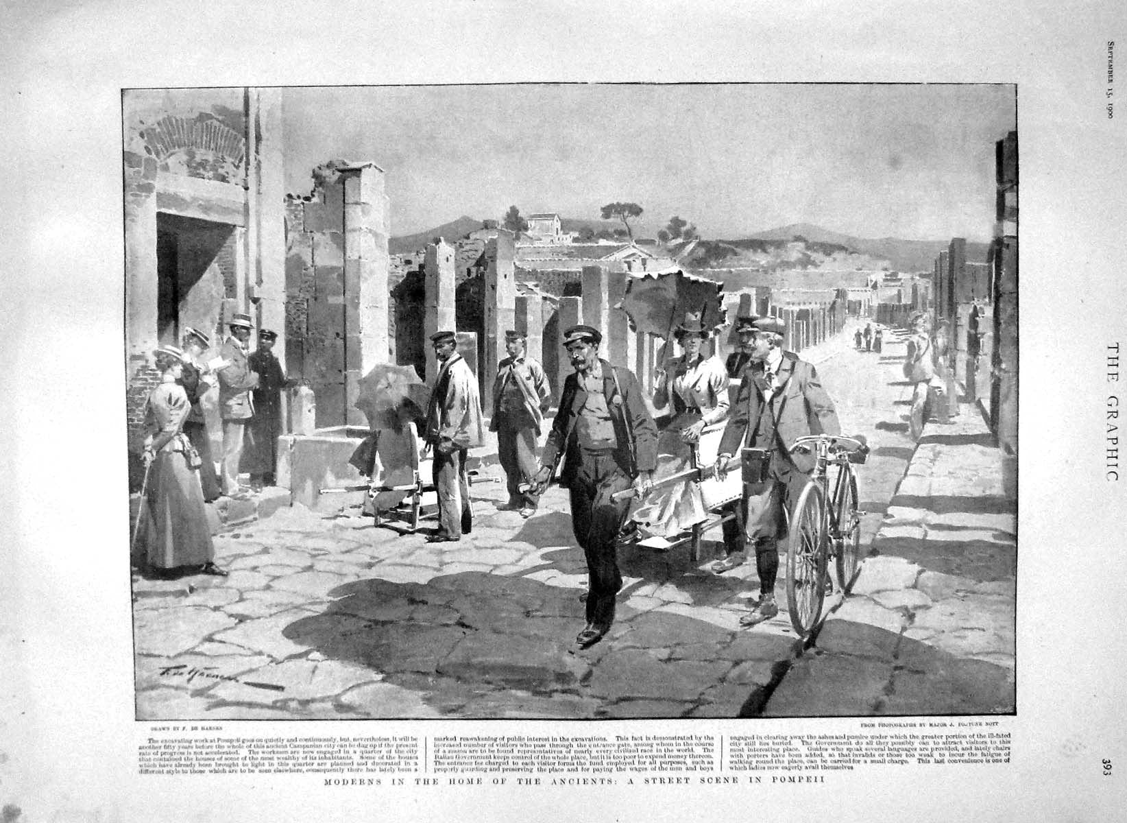 Original Old Antique Print 1900 Street Scene Pompeii Excavating Campanian City
