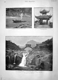 Old Antique Print 1900 China Yangtse Bridge Wanhien Szechuen Pagoda Boat 20th