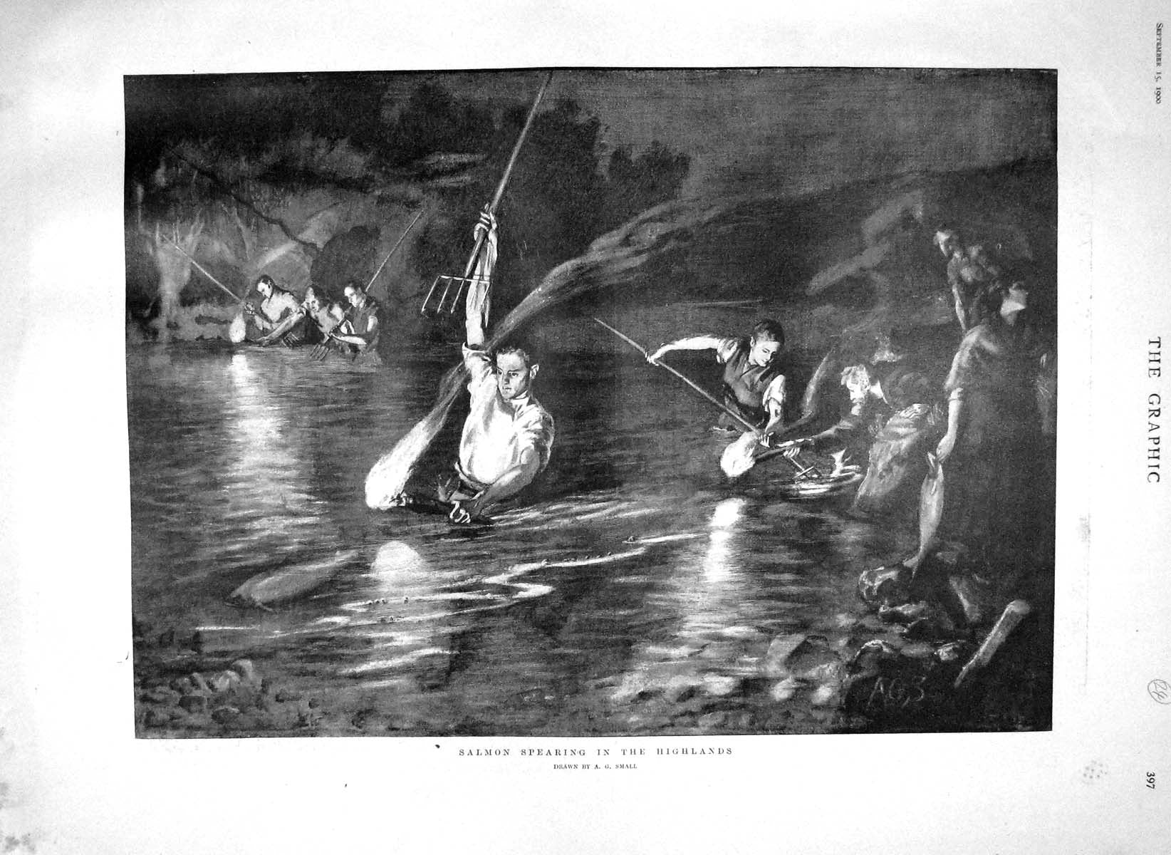 Original Old Antique Print 1900 Salmon Spearing Fishing River Highlands S 20th
