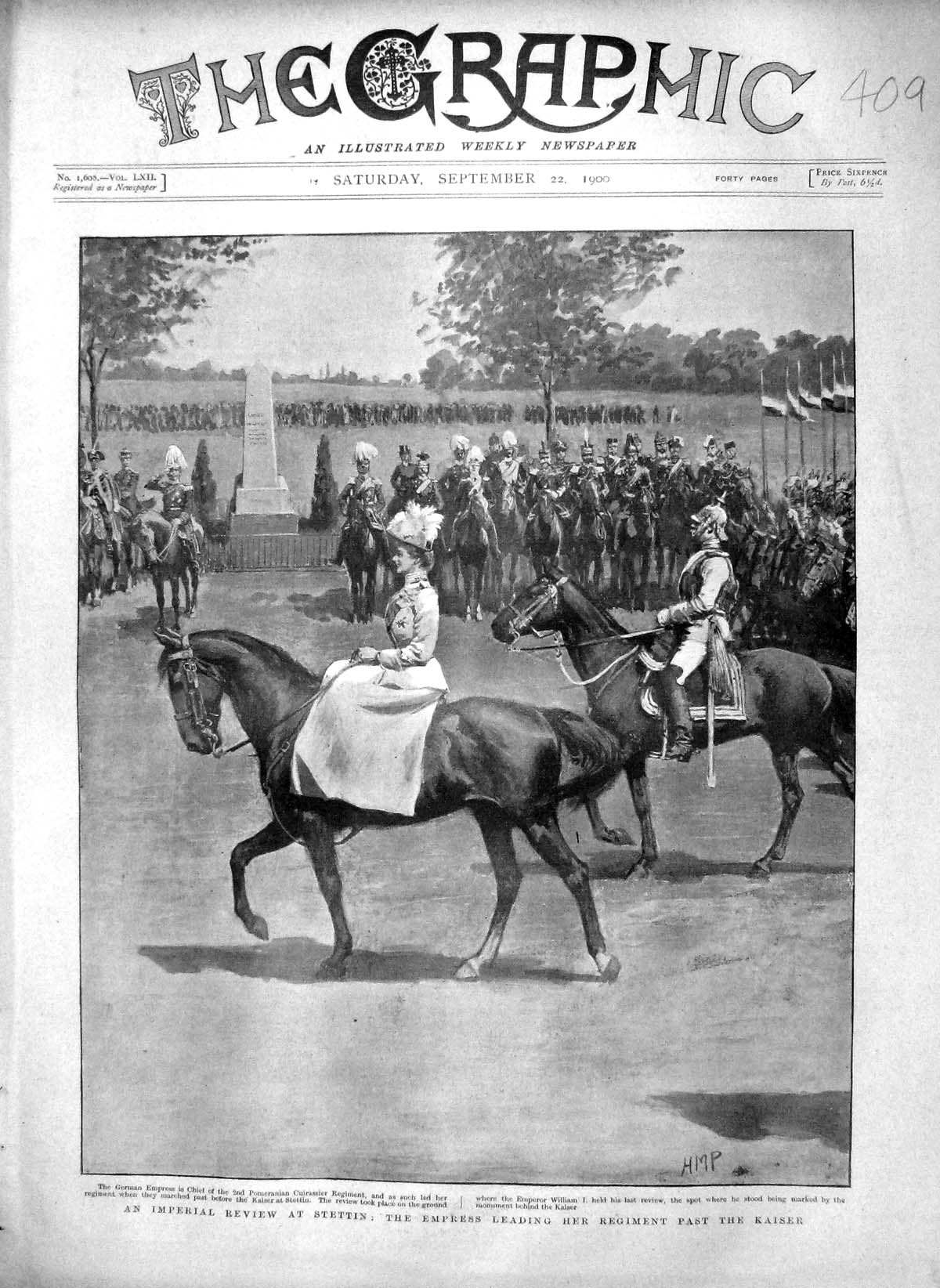 Original Old Antique Print 1900 German Empress Stettin Kaiser Pomeranian Army
