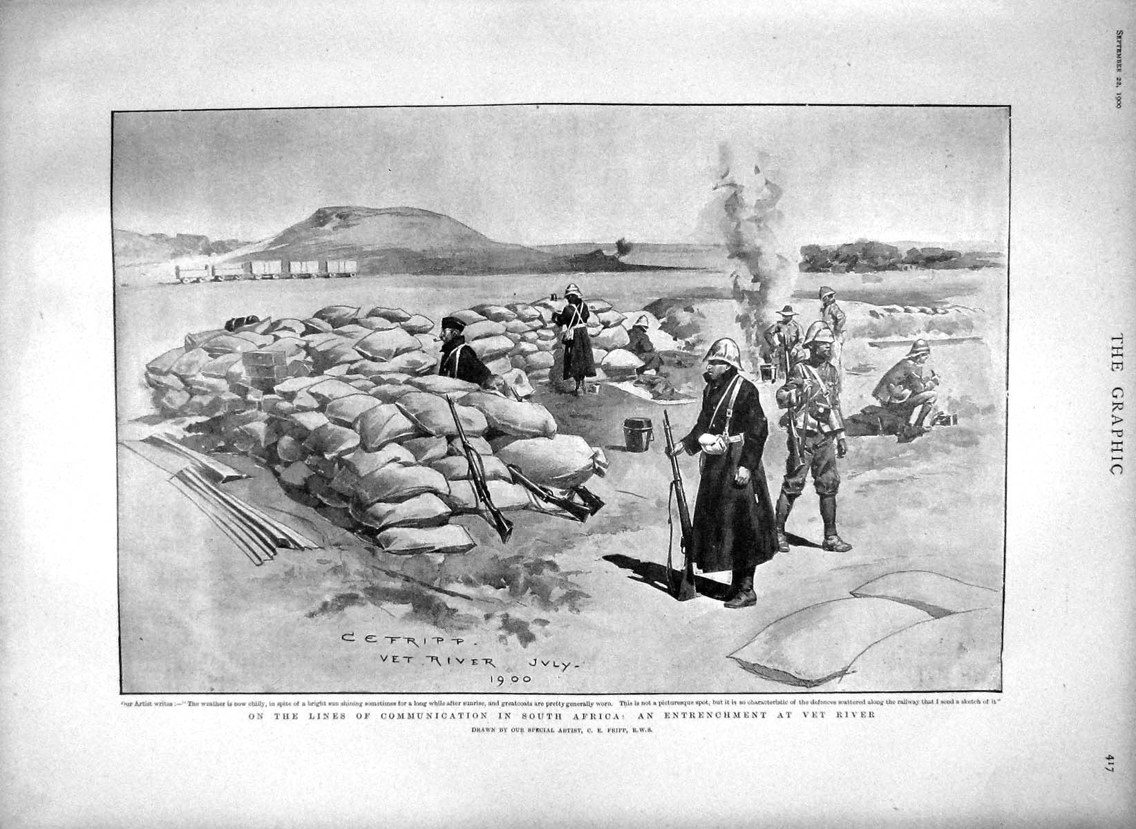 Original Old Antique Print 1900 Communication South Africa War Vet River Trench