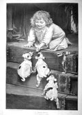 Original Old Antique Print 1900 Dead Heat Little Girl Puppy Dogs Stairs Els 20th