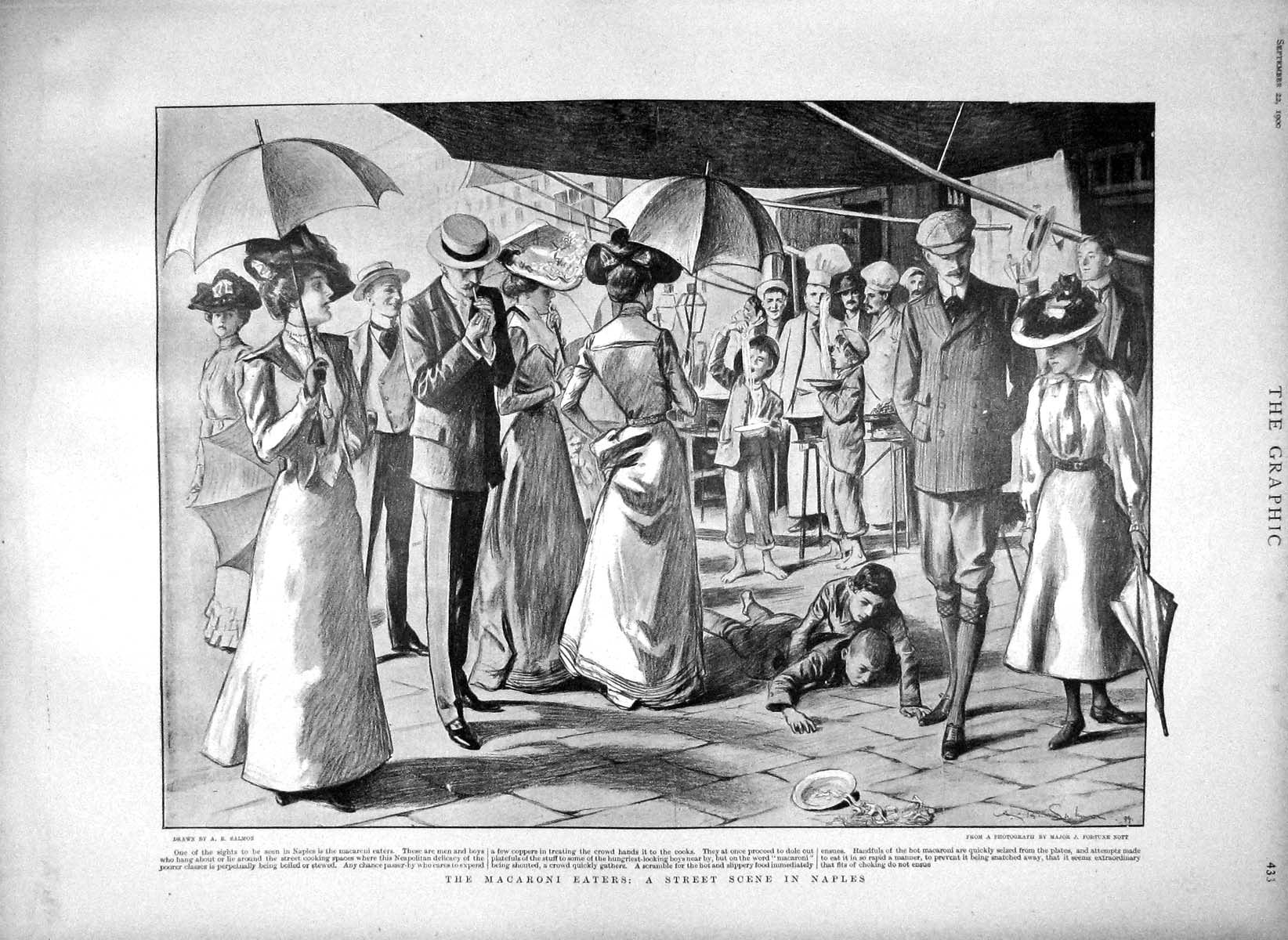 Original Old Antique Print 1900 Macaroni Eaters Street Scene Naple Victorian