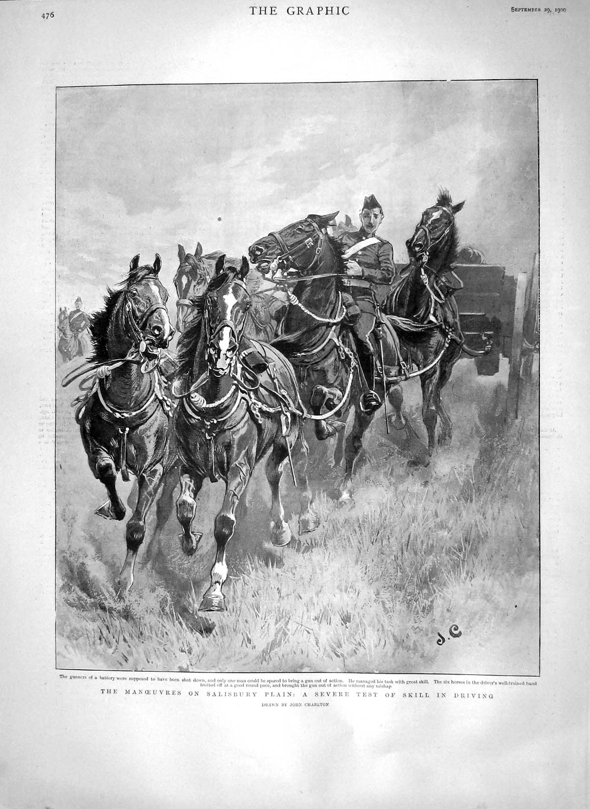 Original Old Antique Print 1900 Siers Salisbury Plain Driving Horses Camp Tents