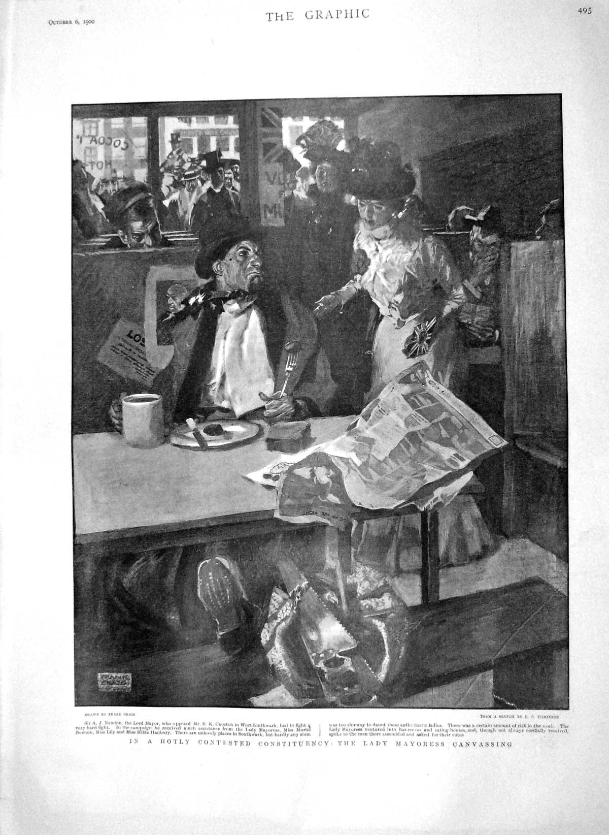 Original Old Antique Print 1900 Lady Mayoress Canvassing Votes Newton Causton