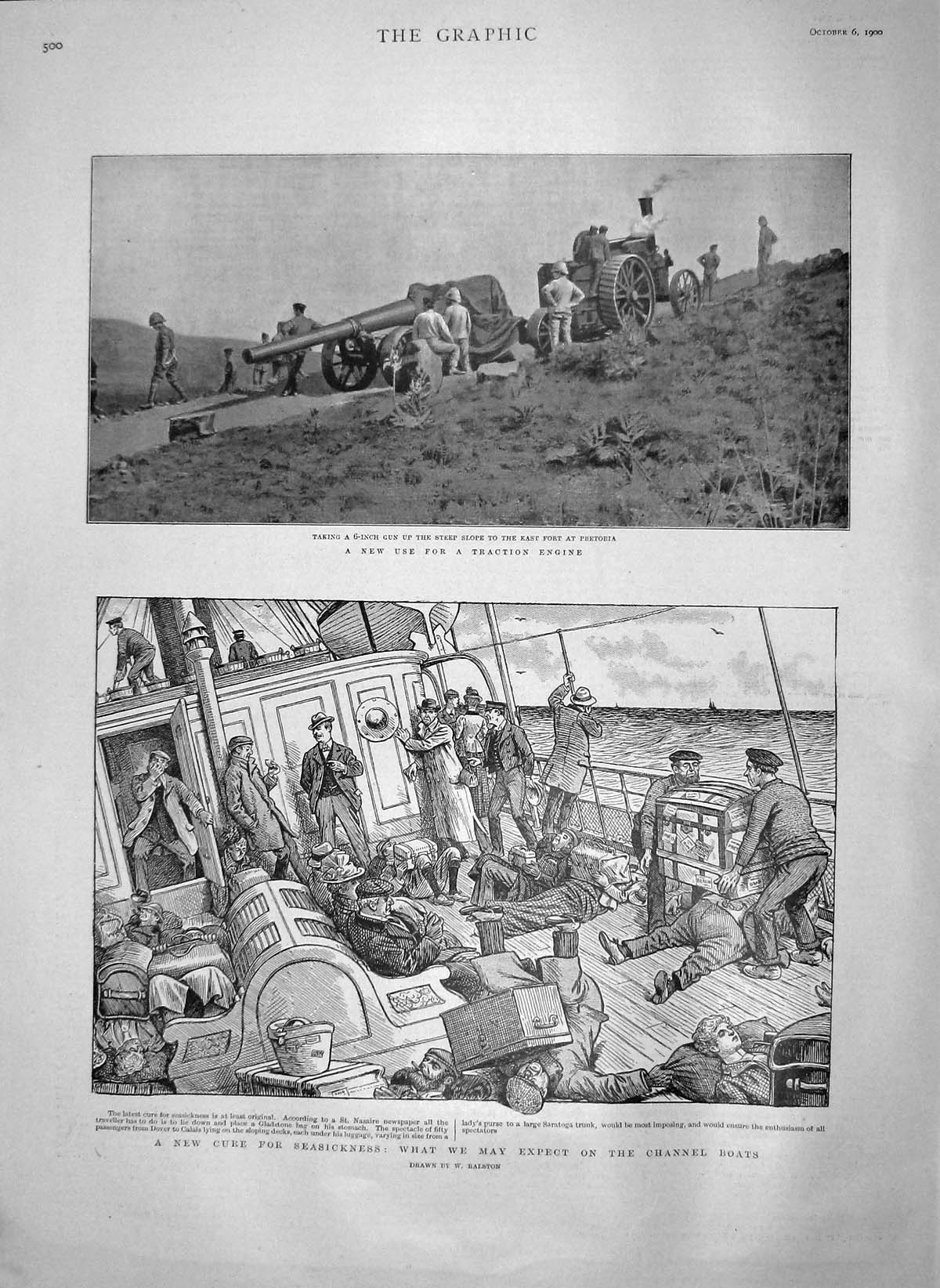 Old Antique Print 1900 6-Inch Gun War Pretoria English Channel Boat Sick 20th