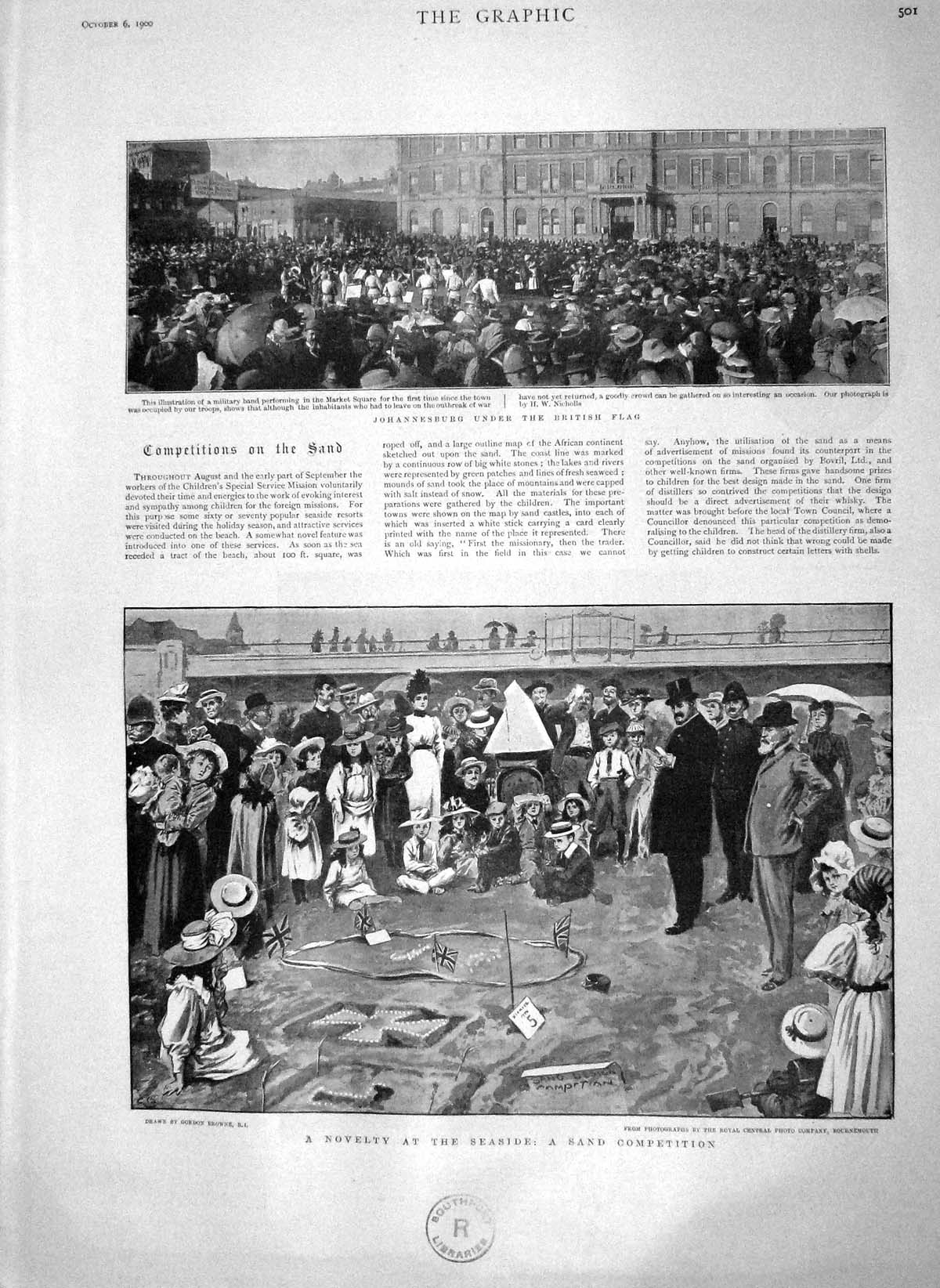 Original Old Antique Print 1900 Johannesburg Africa British Siers Beach Seaside