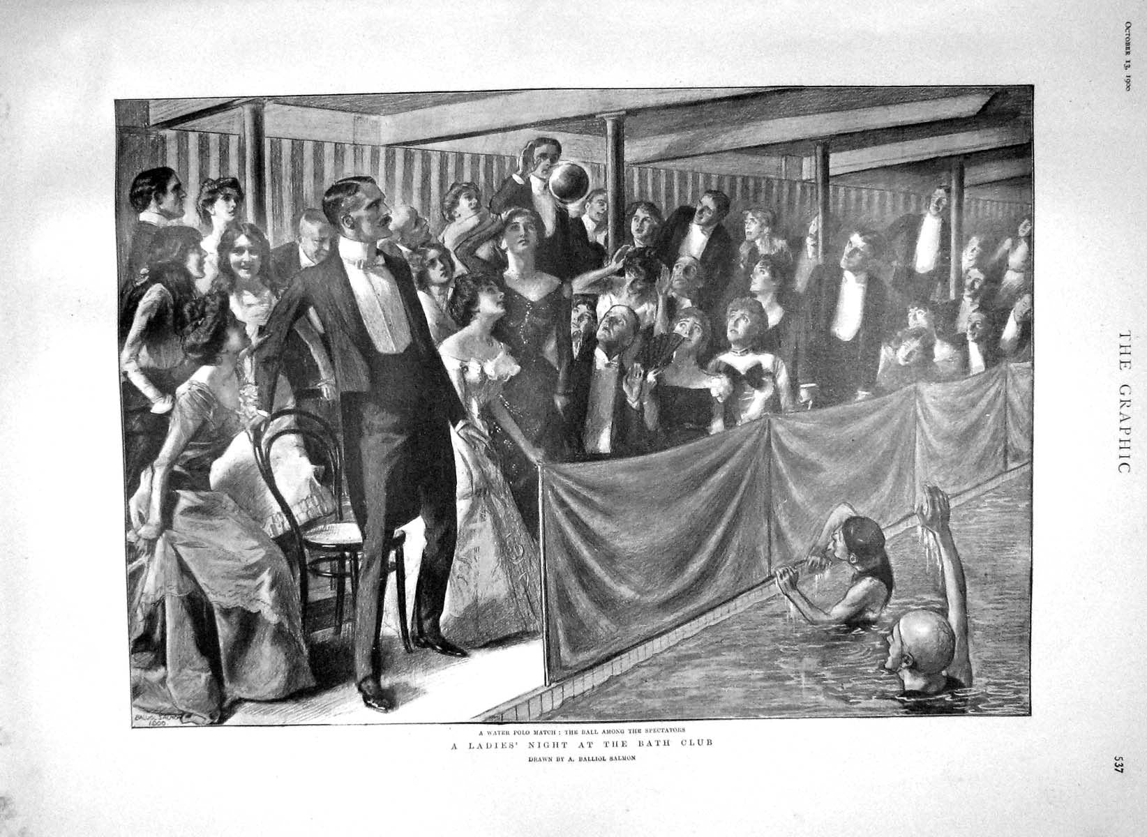 Original Old Antique Print 1900 Water Polo Match Ladies Bath Club Sport Salmon