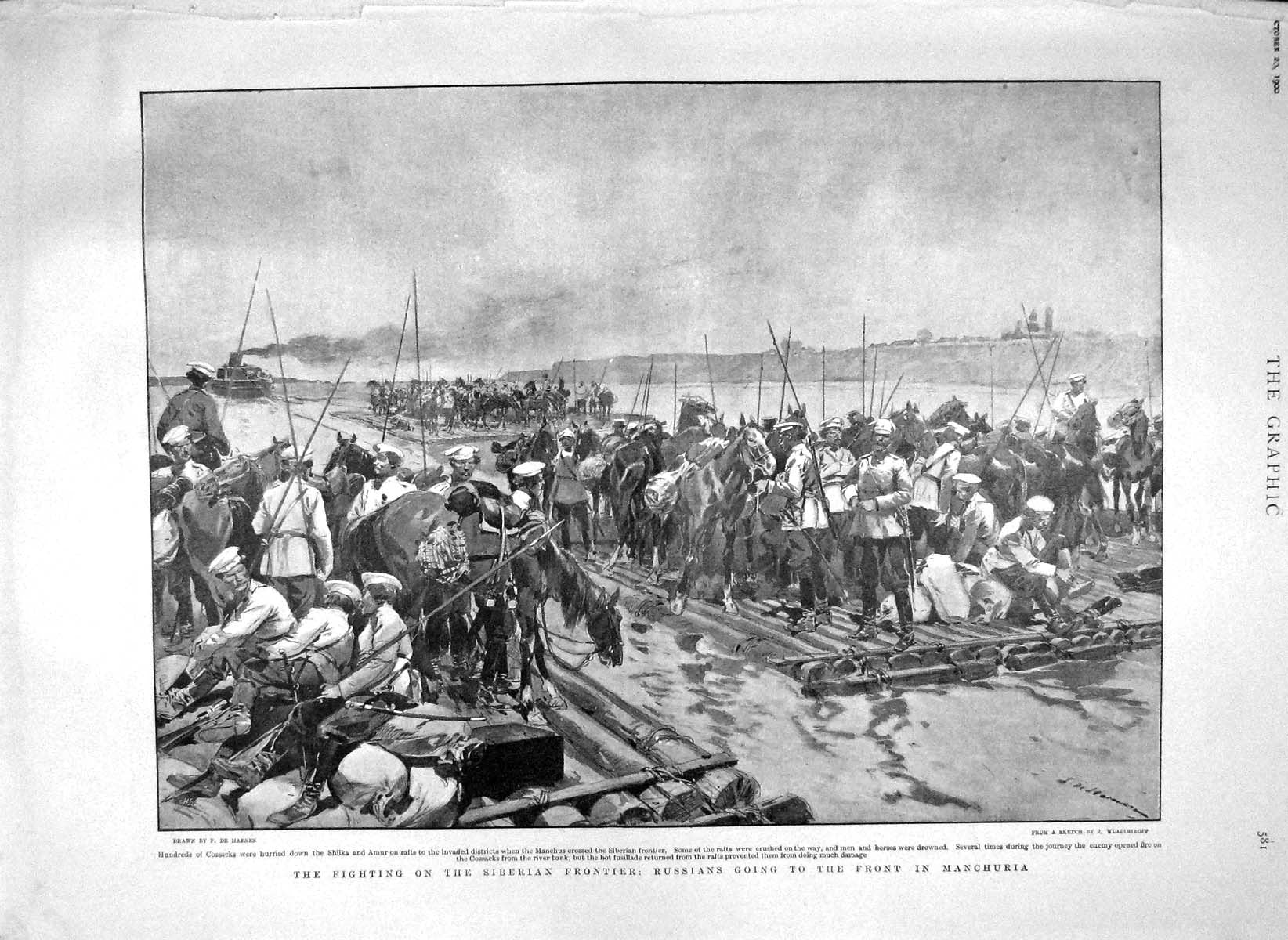 Original Old Antique Print 1900 Russian Cossacks Siberian Frontier Manchu 20th