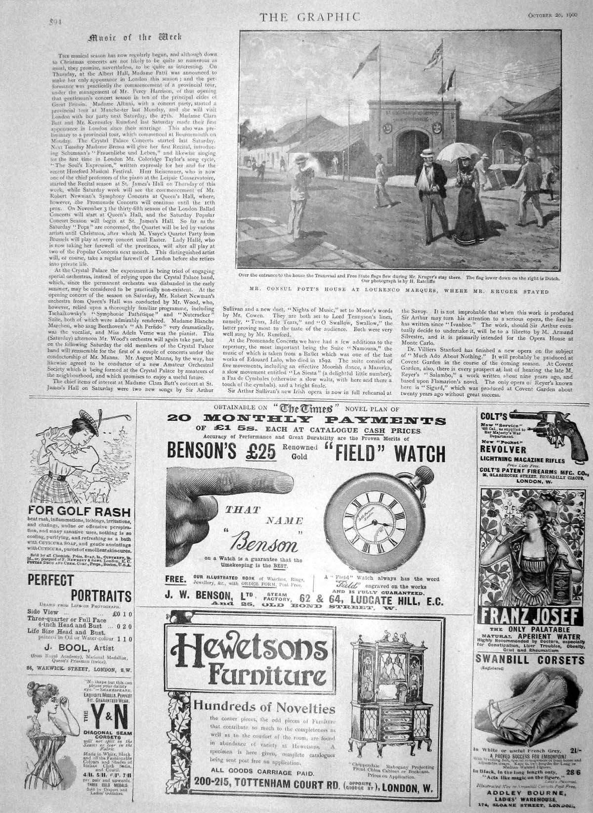 Old Antique Print 1900 Consul Pott Lourenco Marques Kruger Benson Watch 20th