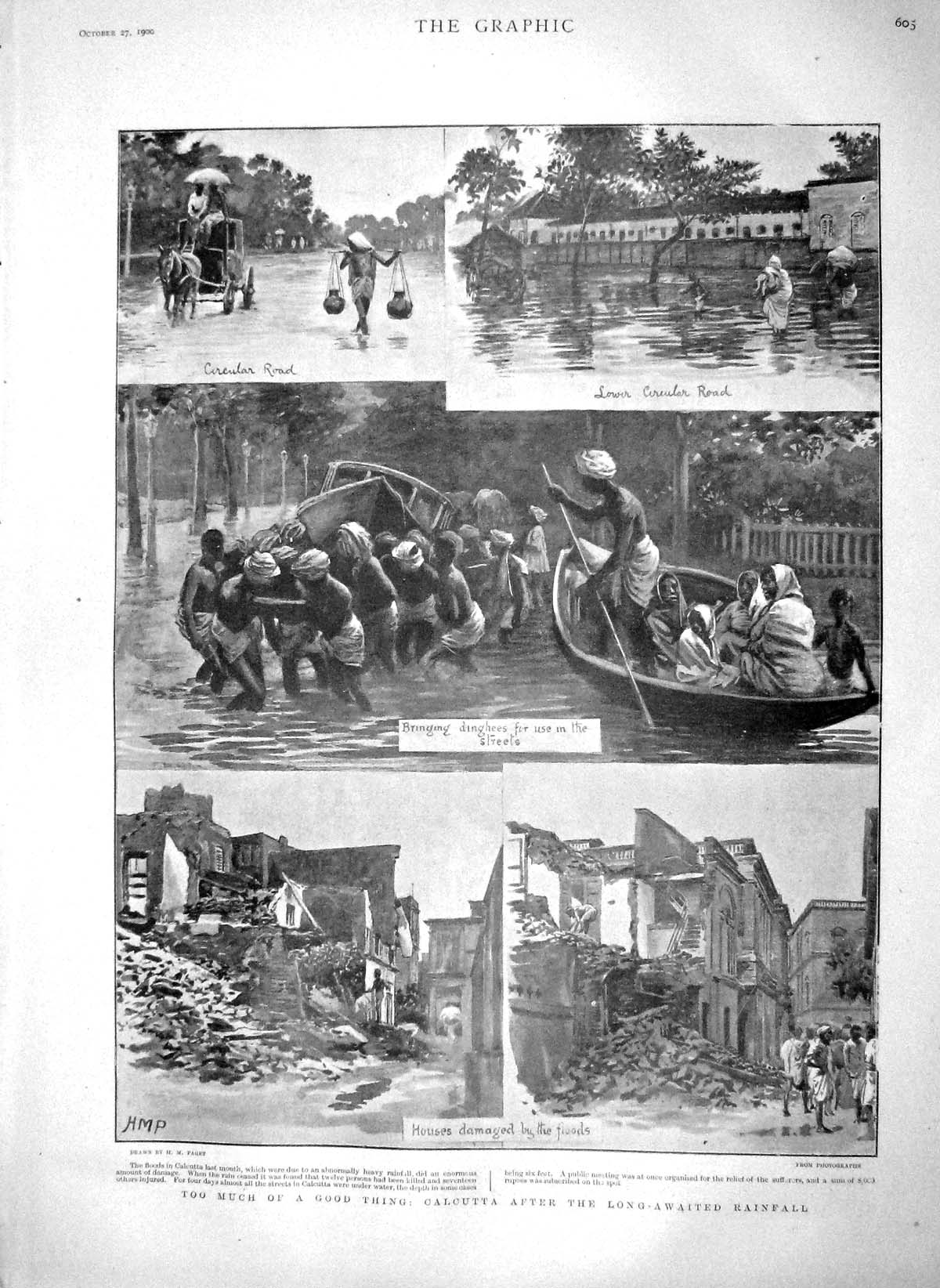 Original Old Antique Print 1900 Calcutta Floods Prince Sweden Norway Princess