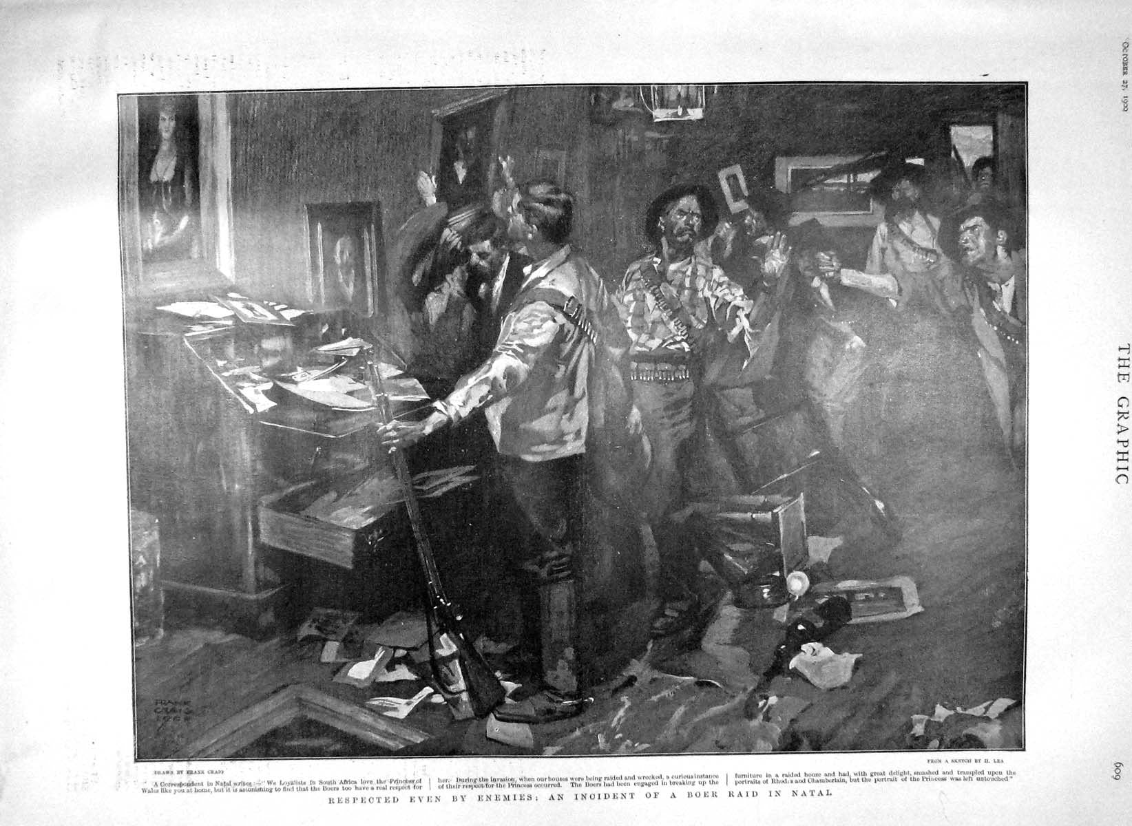 Original Old Antique Print 1900 Boer Raid Natal Africa Queen Wilhelmina Holland