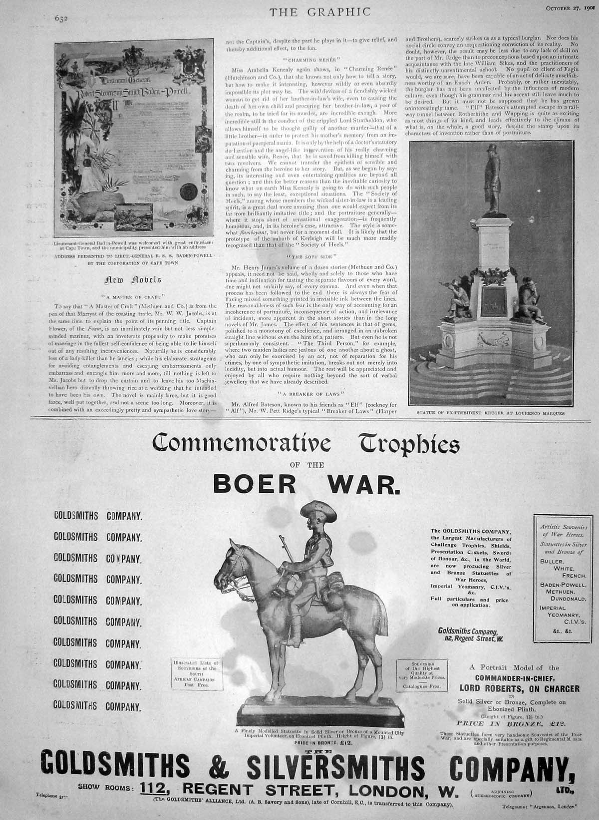 Original Old Antique Print 1900 Baden-Powell Statue Kruger Lourenco Boer War