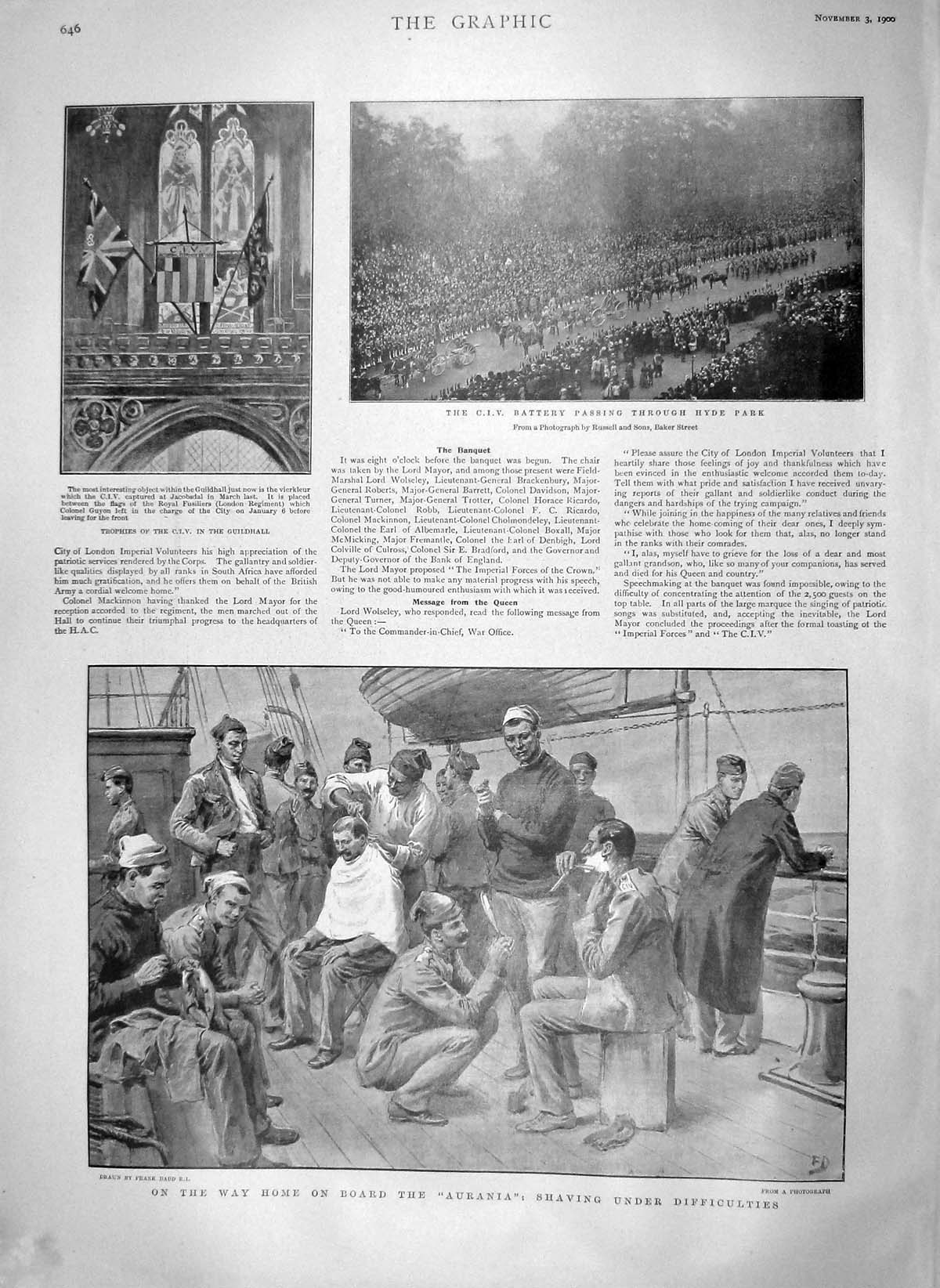 Original Old Antique Print 1900 Ship Aurania C.I.V. Guildhall Hyde Park Battery