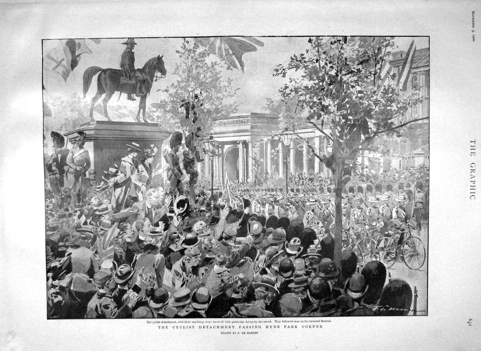 Original Old Antique Print 1900 War Cyclist Hyde Park C.I.V. Guildhal Victorian