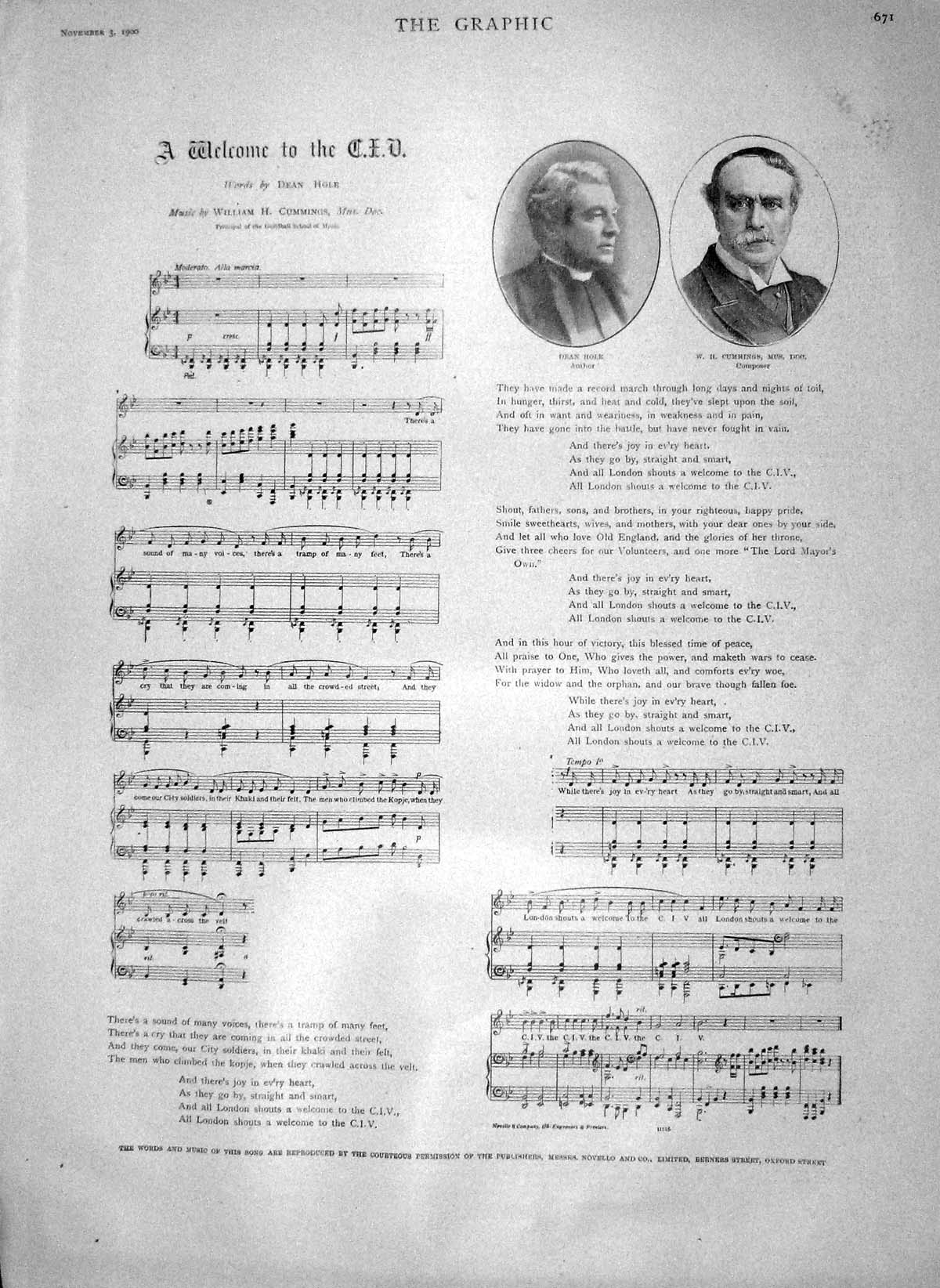 Original Old Antique Print 1900 Words Music Welcome C.I.V. Dean Hole Cummings