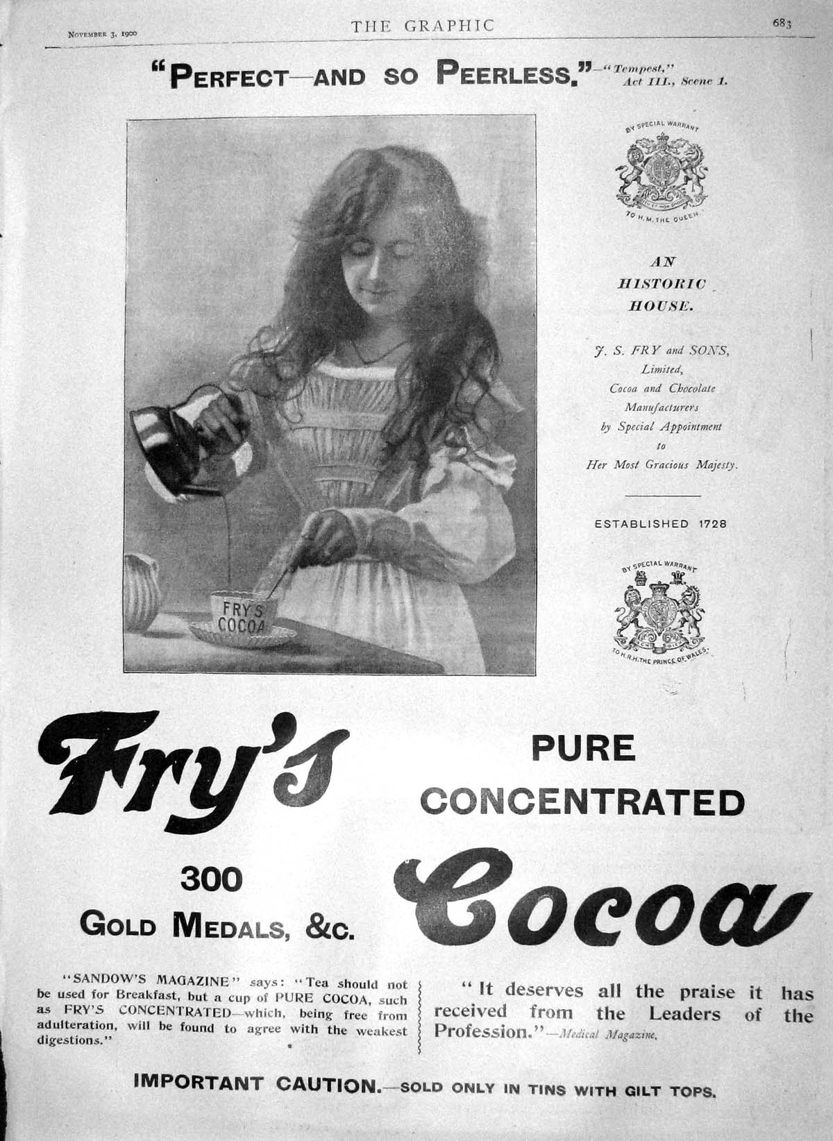 Original Old Antique Print 1900 Advertisement Fry Sons Pure Concentrated Cocoa