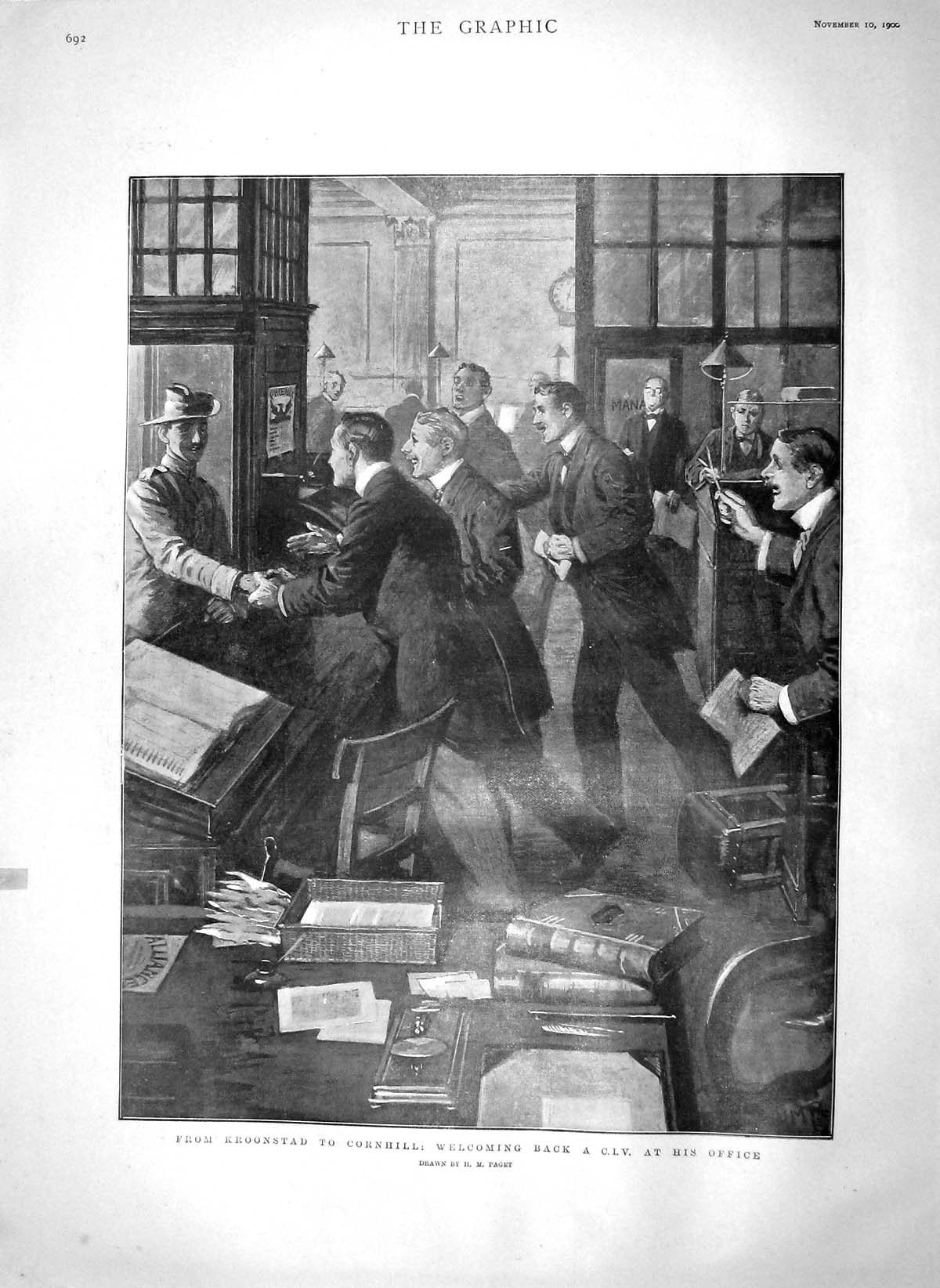 Original Old Antique Print 1900 Kroonstad Cornhill Welcoming Back C.I.V. Office