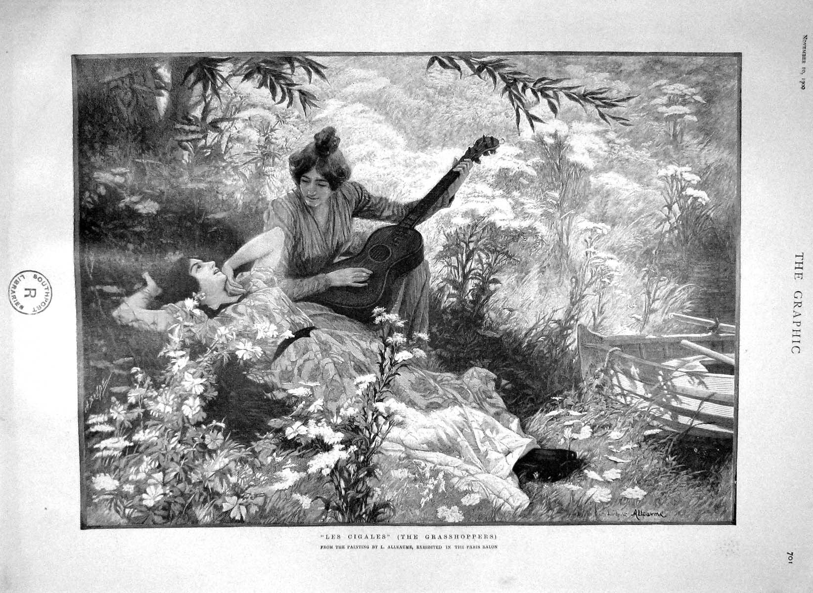 Old Antique Print 1900 Les Cigales Grasshoppers Ladies Music Newton Gomme 20th