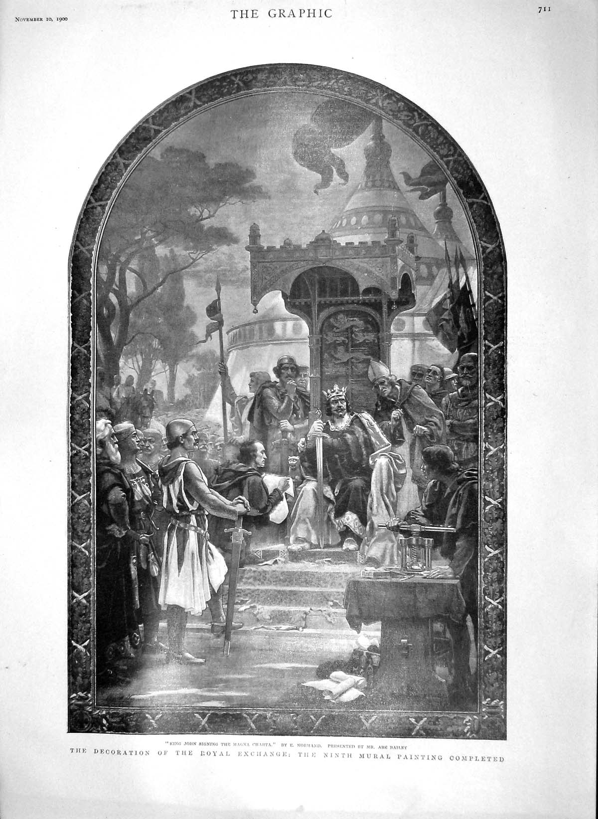 Original Old Antique Print 1900 King John Magna Charta Royal Exchange Mural