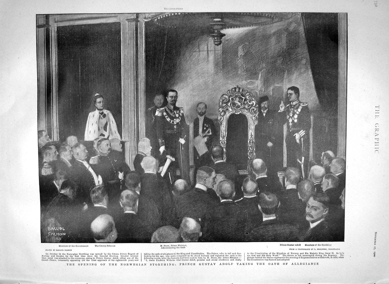 Original Old Antique Print 1900 Norwegian Storthing Oath Prince Adolf Steen